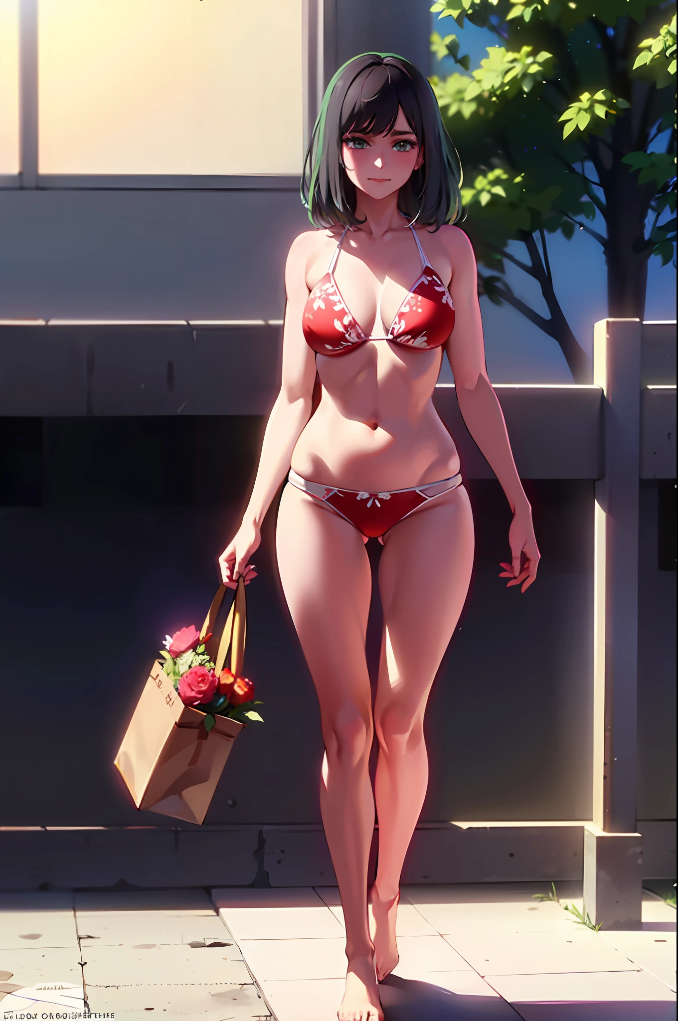Caucasian brown hair woman 25 years old, goddess, bloom, lens flare, (8k, RAW, professional, best quality, masterpiece:1.2), (realistic,photorealistic:1.37), ultra-detailed, (25mm portrait wide angle), (highest detailed skin:1.2), (highest detailed face:1.2), cinematic lighting, 1woman, European, straight brown hair, (windy), standing on the beach, night time, warm white light, look at the camera, ((floral red bikini)), polite smile