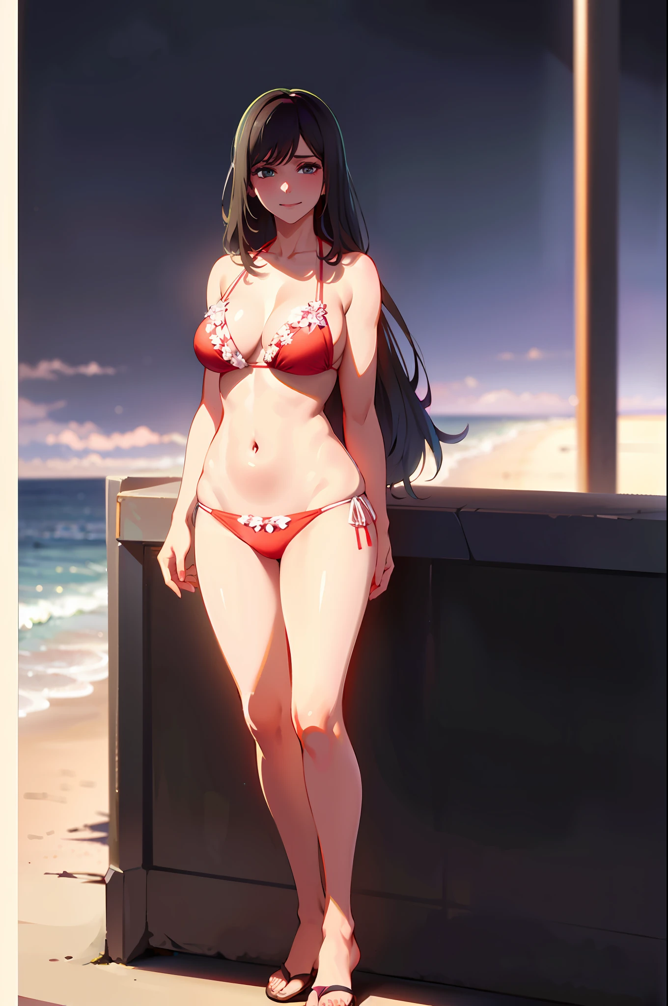 Caucasian brown hair woman 25 years old, goddess, bloom, lens flare, (8k, RAW, professional, best quality, masterpiece:1.2), (realistic,photorealistic:1.37), ultra-detailed, (25mm portrait wide angle), (highest detailed skin:1.2), (highest detailed face:1.2), cinematic lighting, 1woman, European, straight brown hair, (windy), standing on the beach, night time, warm white light, look at the camera, ((floral red bikini)), polite smile