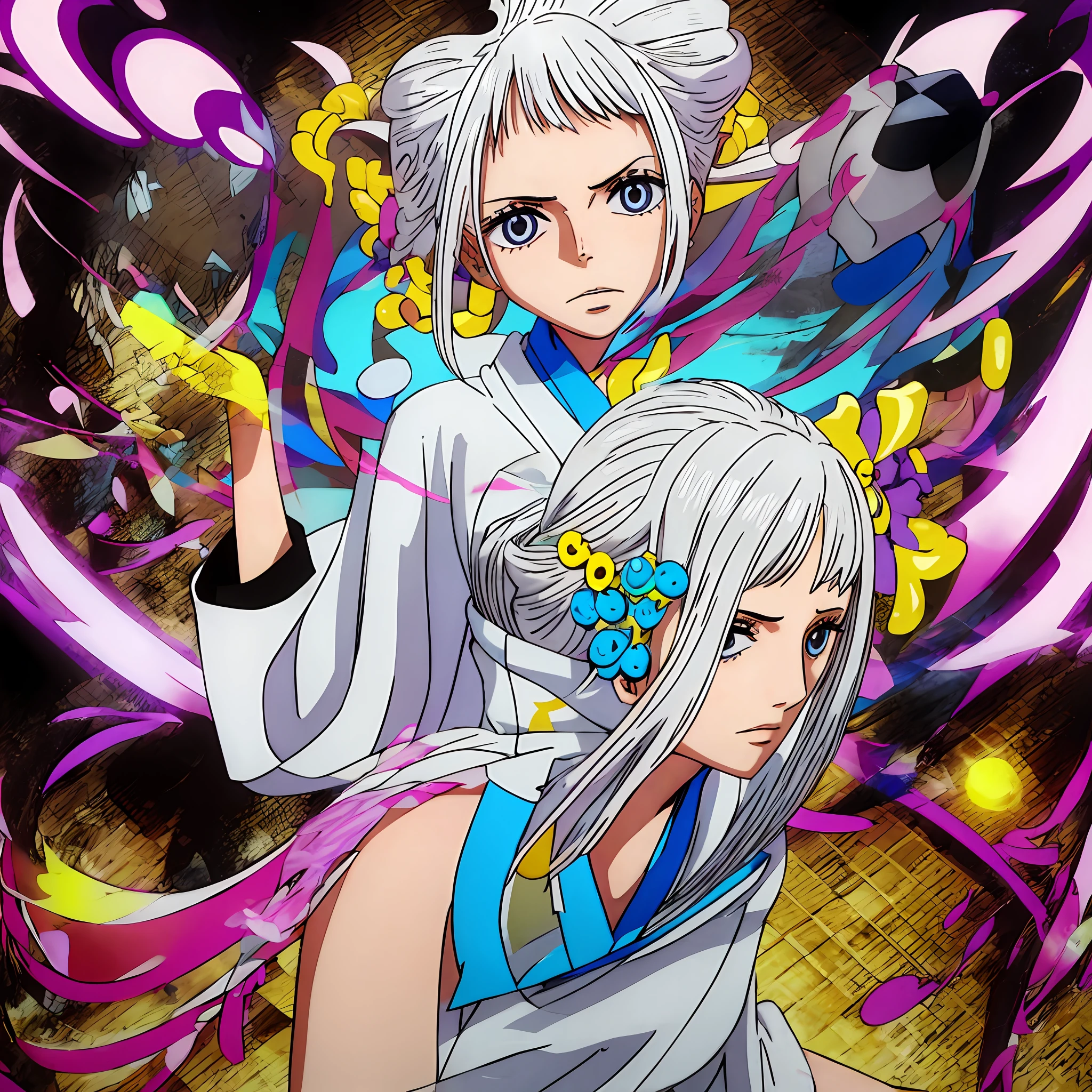 The character has white hair, has a fringe that covers her entire eye, her hair is short, she does not wear hair ornaments, she has cold and serious looks, she is not smiling, She has whitish eyes in the clear pupil, She wears Ballet shoes, She wears a short kimono with no sleeves, Long stockings going up to the thighs, does not wear panties , large breasts and well exposed