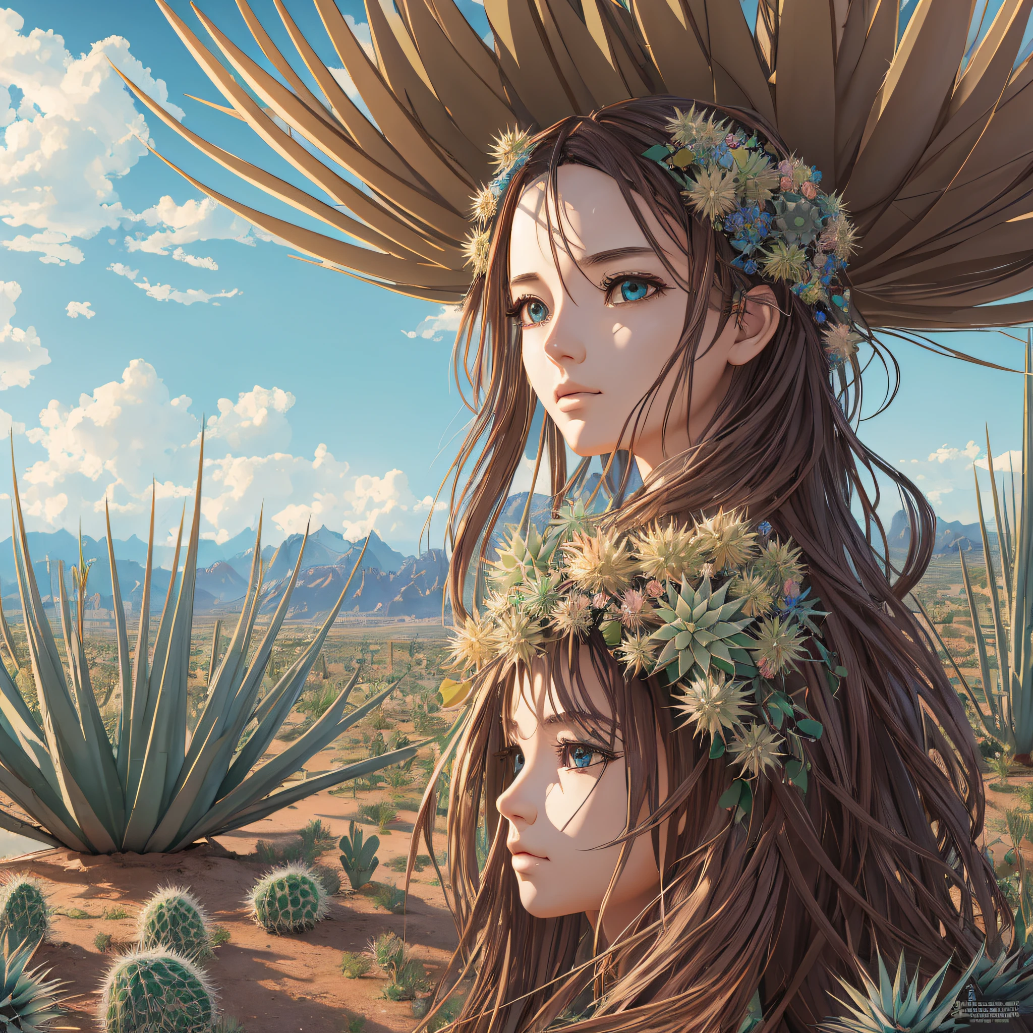 ((masterpiece)), best quality, high quality, ((very detailed CG unity 8k wallpaper)), (fantasy), dry place like empty desert, dear, watch from higher mountains, ((giant agave titanota)), wild plants, foxy, , Mono Lake, hackberry, 3D Digital Paintings, award winning photography, Bokeh, Depth of Field, HDR, bloom, less cactus, Chromatic Aberration , Photorealistic, extremely detailed, trending on artstation, trending on CGsociety, Intricate, High Detail, Dramatic, Halfway Art, --auto --s2