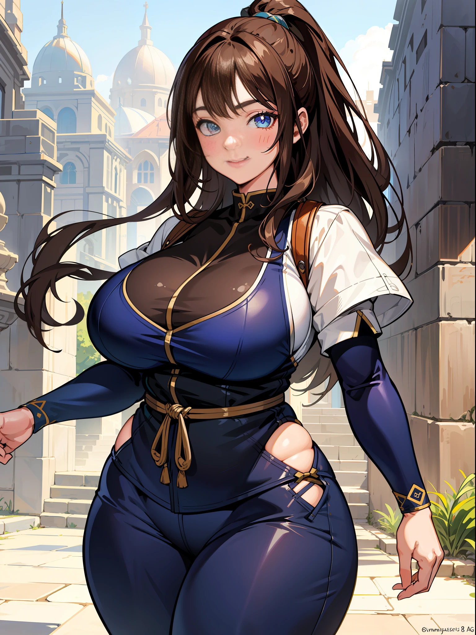 ((plus size)), smile, masterpiece, absurdres , highres, ultra detailed, cowboy shot, detailed face, detailed eyes, detailed skin, (1girl:1.3), brown hair, ninja