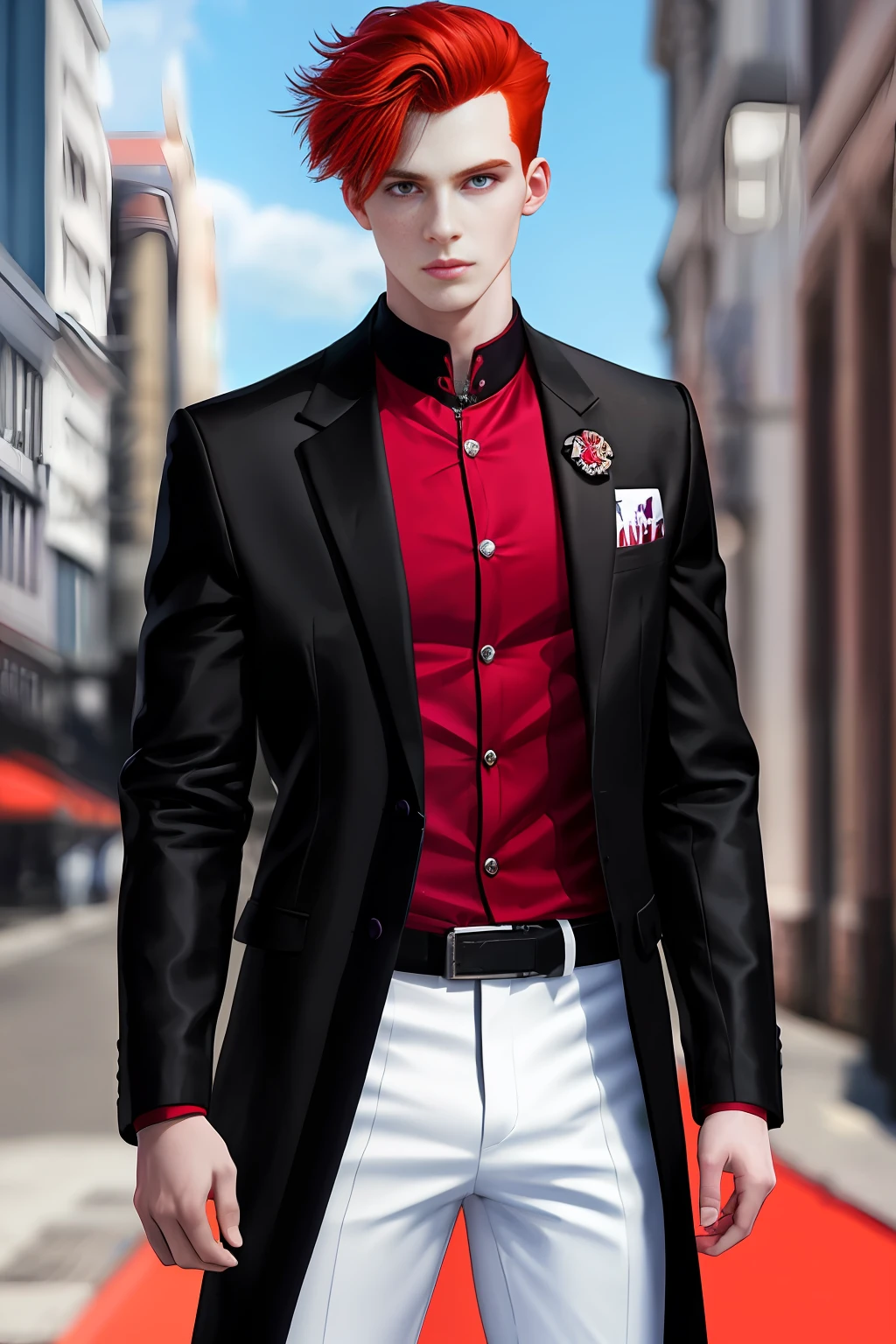 A young man of 18 years, 1boy, red hair, red, bright purple eyes, black jacket, white pants, wristwatch, anatomically perfect city, perfect proportions, HD image, 8k, award-winning digital art, absurd details, purple eyes, redhead, natural beauty, young, masterpiece
