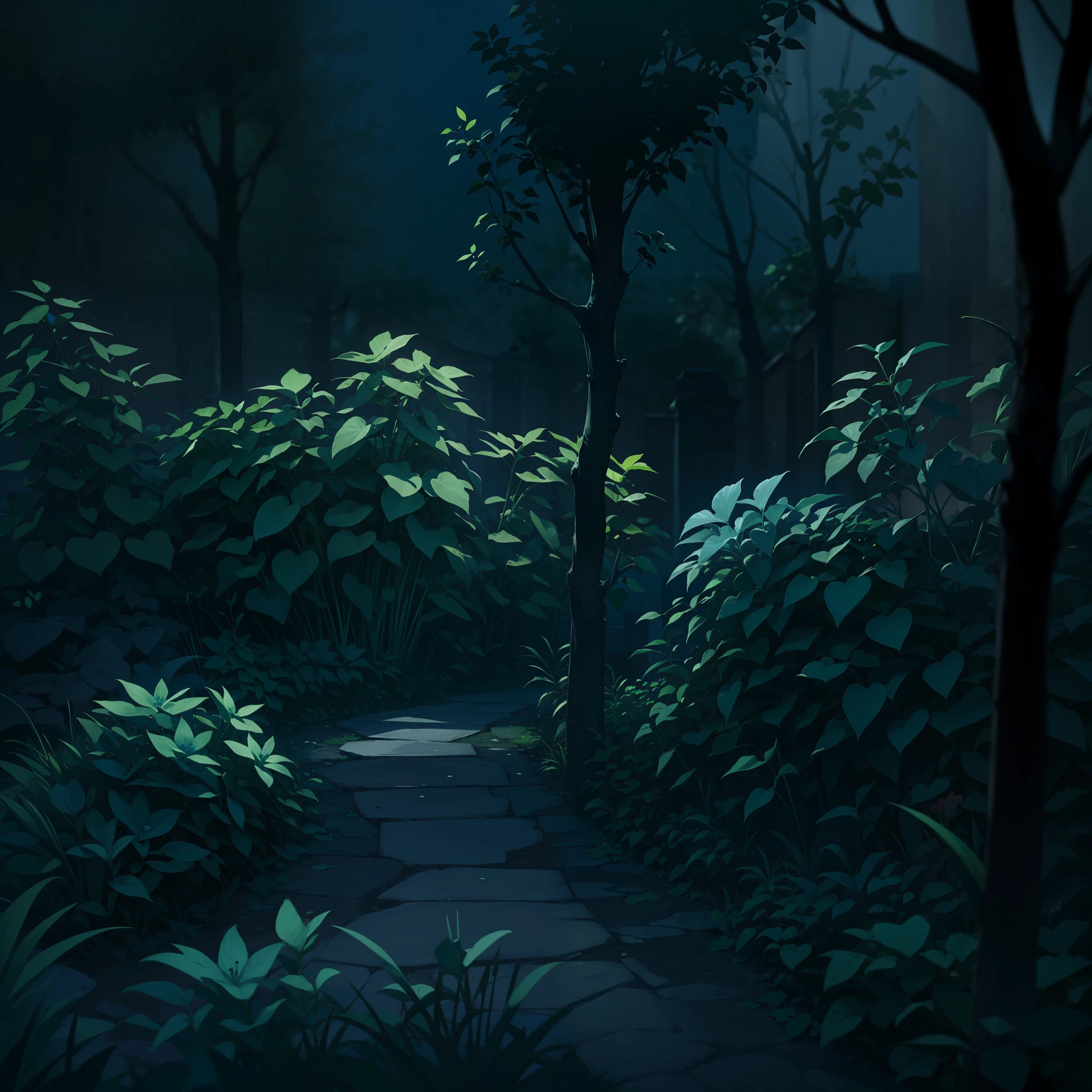 Garden, scary, horror, dark themed, dark, night, low lighting, dark blue colors,