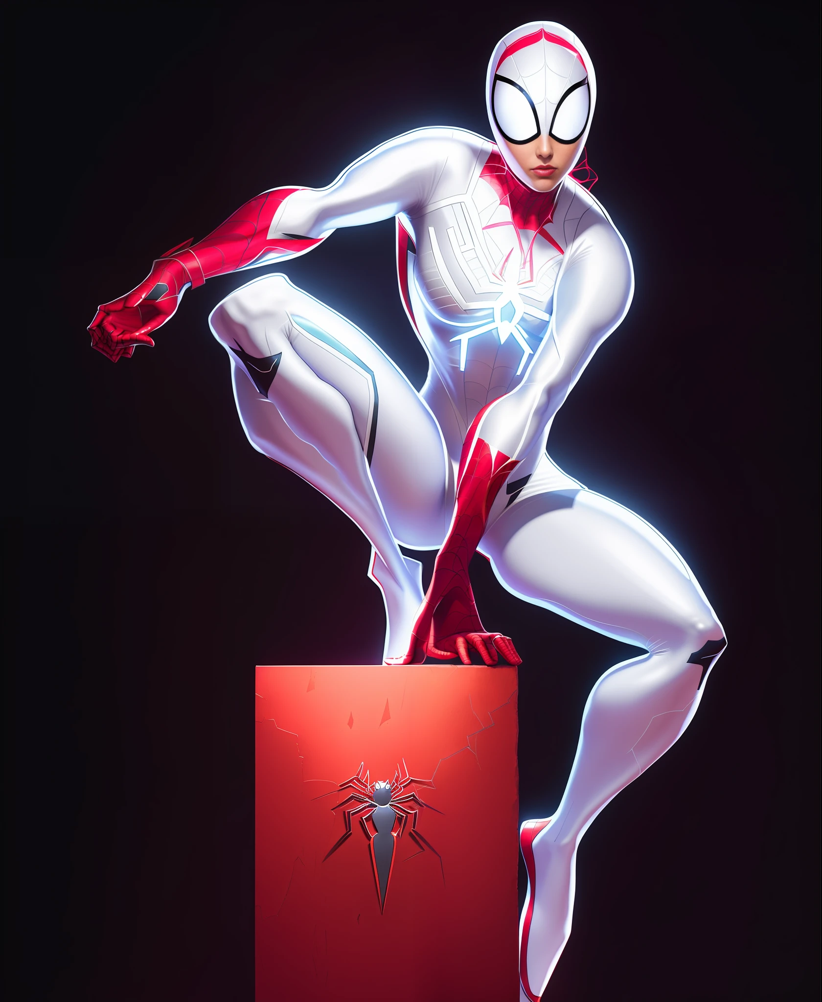 spider - man in a white suit is standing on a block, detailed full body concept, character posing for concept art, doja cat as cat woman, full body concept, beautiful full body concept art, posing for a fight intricate, character is in her natural pose, detailed full body concept art, pose study, catwoman, neutral pose, legs stretched!!! intricate