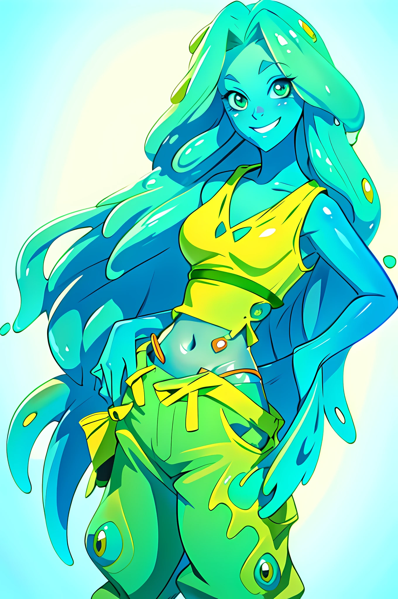 Highly detailed, high quality, masterpiece, Slimecore, monster girl, slime girl, smile, blue slime, cowboy throw, tank top, ((meslilla pants))