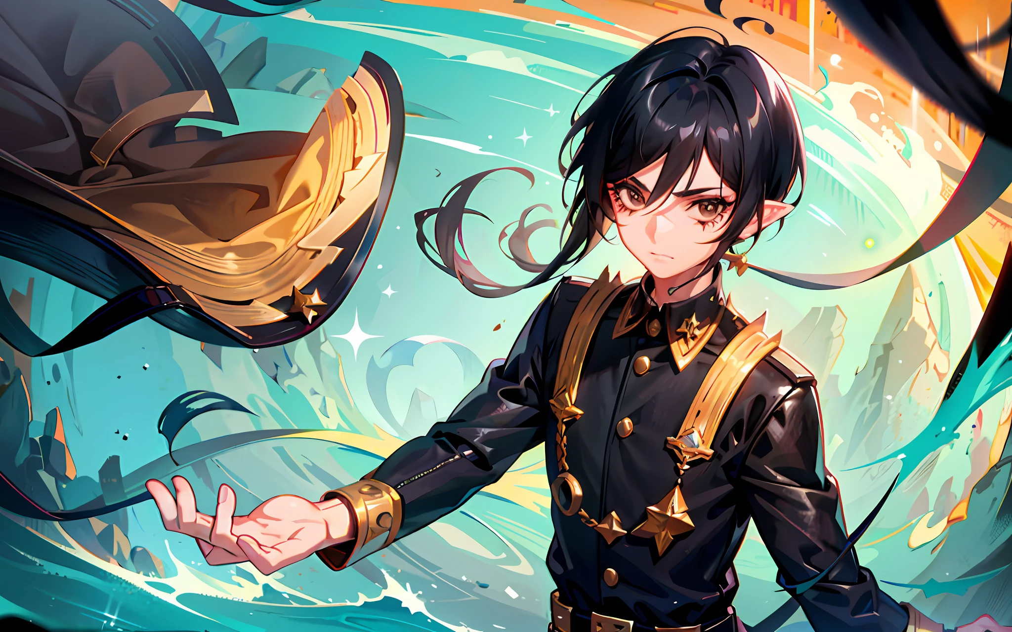 A boy in animation, very short black hair, big ears, brown eyes, big eyelashes, mouth with a small scar on the lower lip, with a cool outfit.