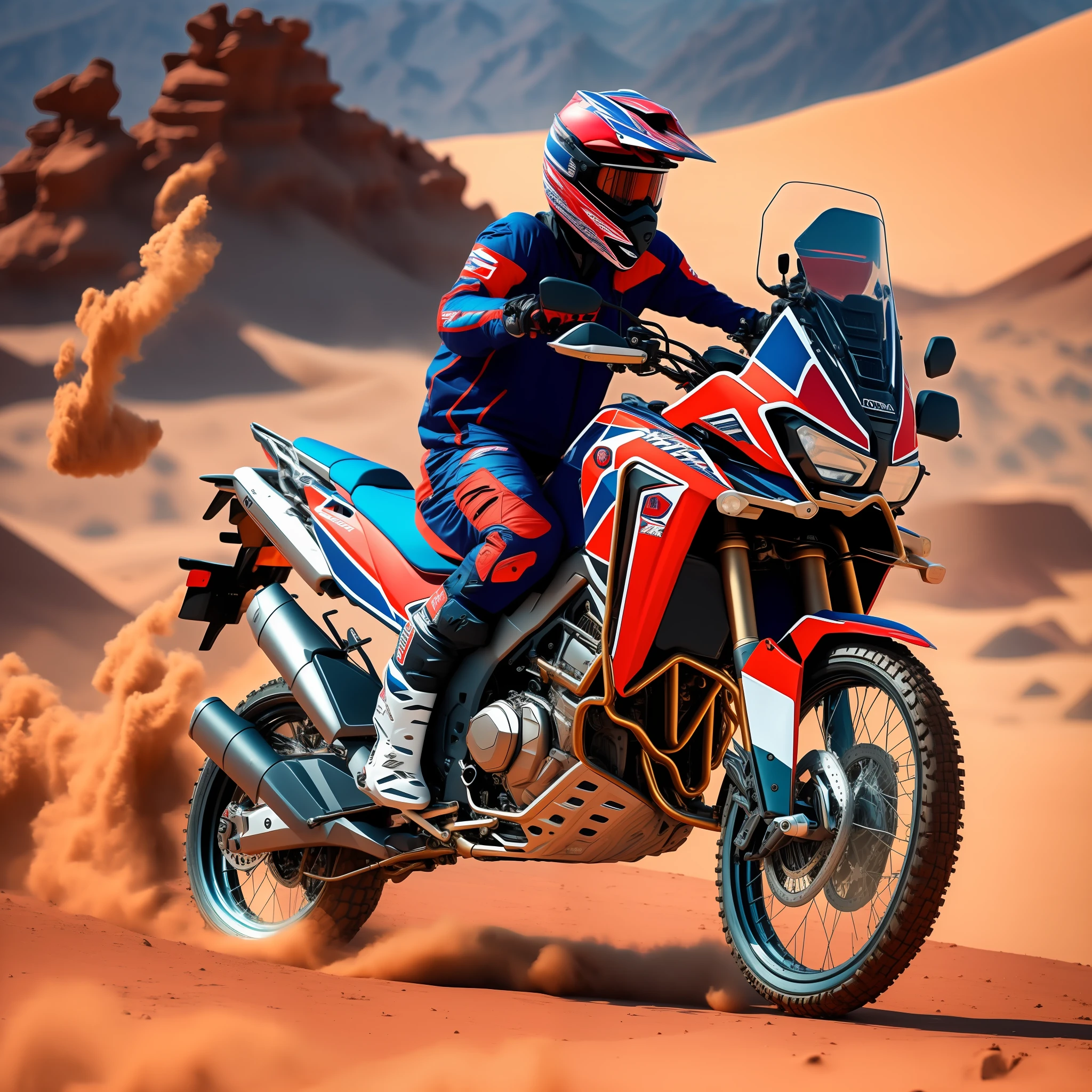 motorbike, honda africa twin, rocky desert, mountains in the background, crosses water, sandstorm,
