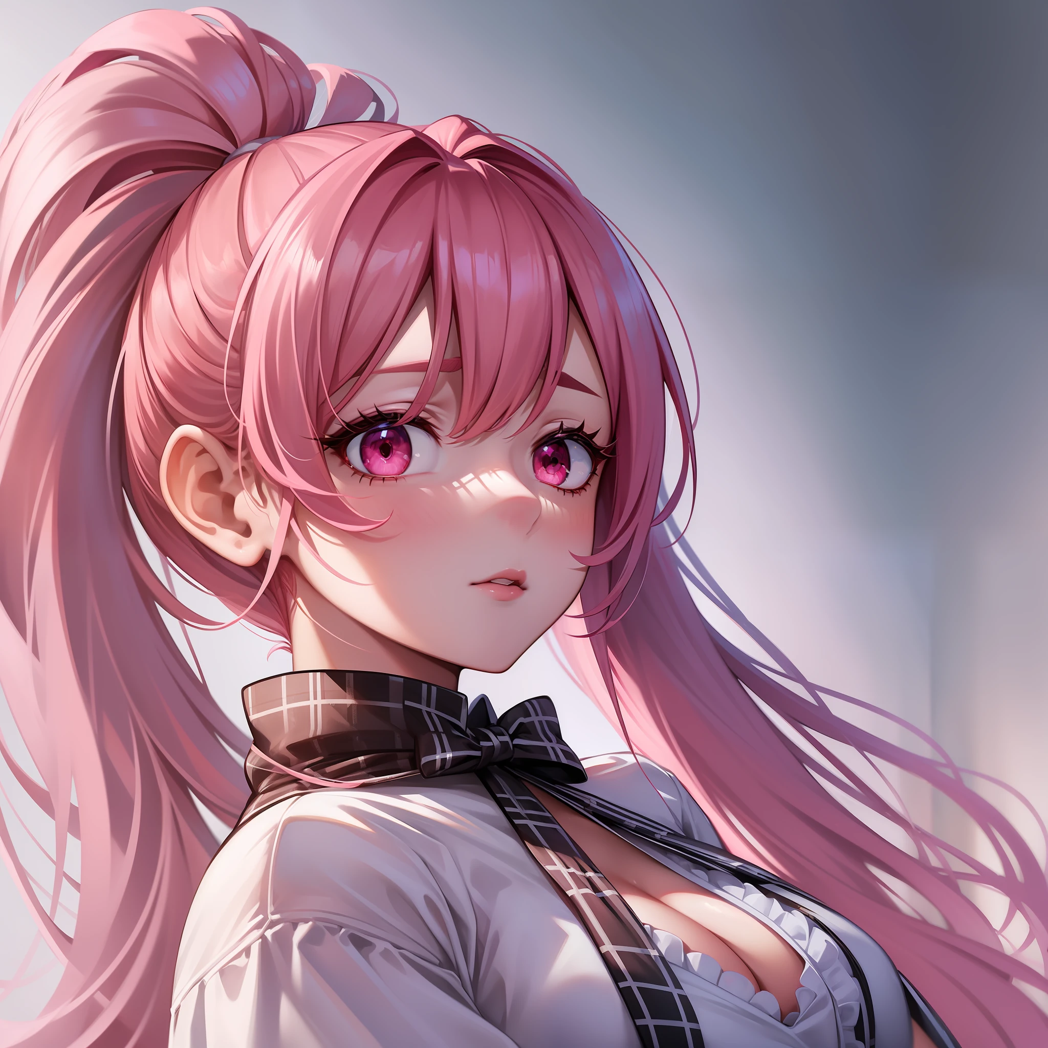 Solo, detailed face, long eyelashes, narrow eyes, (high ponytail: 1.3), (red eye: 1.3), (pink hair and white mesh: 1.2), big cleavage, slim, tartan check, angle from below, white uniform, light blue and white lace underwear, chagrined face, arcade, crane game, doll