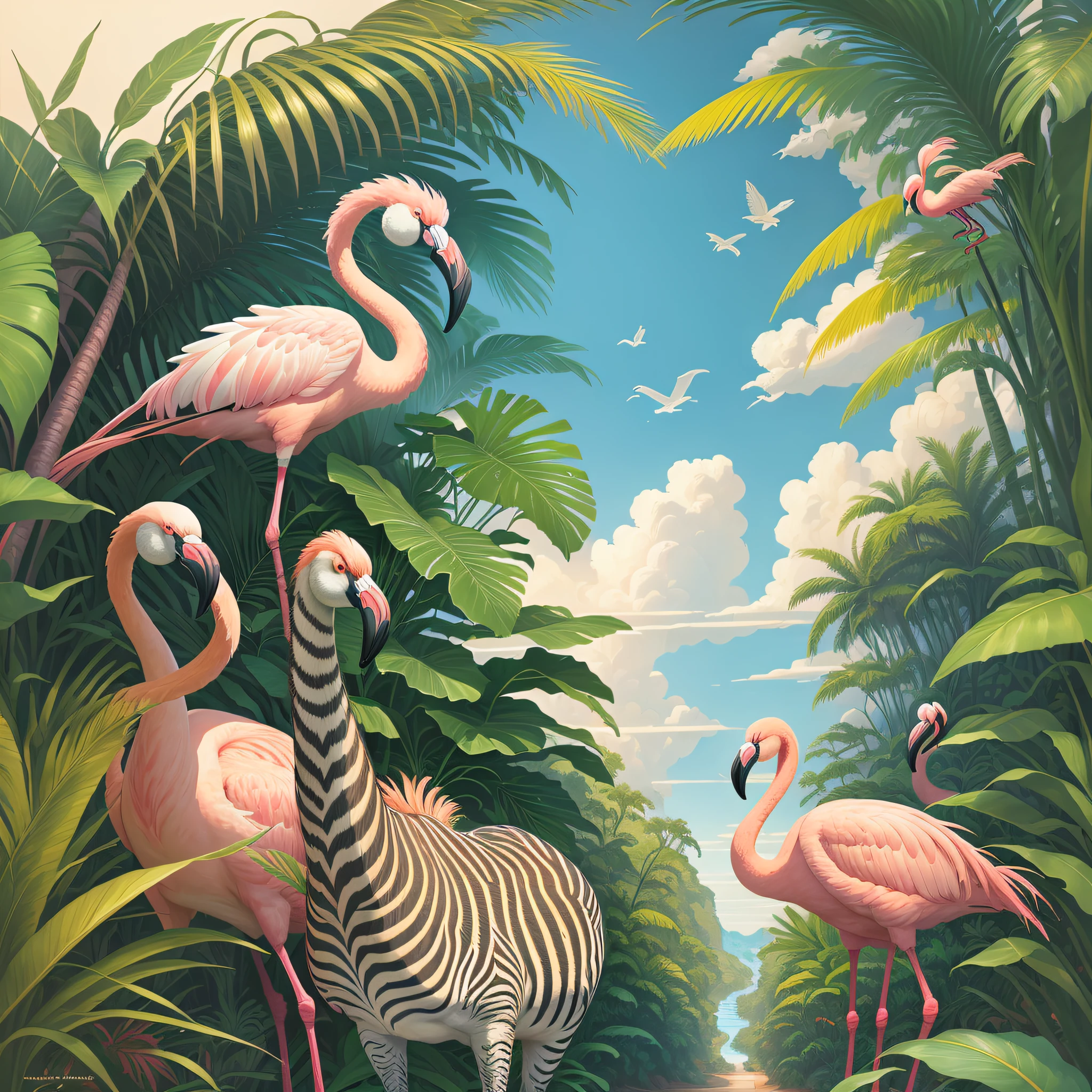 flamingos+zebras in the jungle with palm leaves and blue sky, zebra, tropical jungle, by Hildebrandt, hyper realistic, surrealist, by David B. Mattingly, flamingos, flamingos, jim warren, mysterious jungle painting, hildebrandt, tropical birds, flamingo, tropical paradise, by Thomas Dalziel, amazing background, beautiful nature, laurent durieux, by Joe Jusko, by Brian Thomas, by Wayne England, breathtaking, 8k, masterpiece, cinematic, ultra Hd, masterpiece, award-winning,