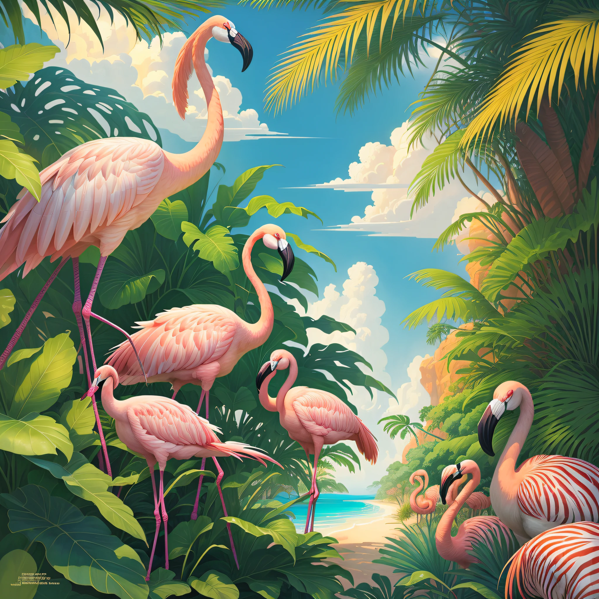 flamingos+zebras in the jungle with palm leaves and blue sky, zebra, tropical jungle, by Hildebrandt, hyper realistic, surrealist, by David B. Mattingly, flamingos, flamingos, jim warren, mysterious jungle painting, hildebrandt, tropical birds, flamingo, tropical paradise, by Thomas Dalziel, amazing background, beautiful nature, laurent durieux, by Joe Jusko, by Brian Thomas, by Wayne England, breathtaking, 8k, masterpiece, cinematic, ultra Hd, masterpiece, award-winning,