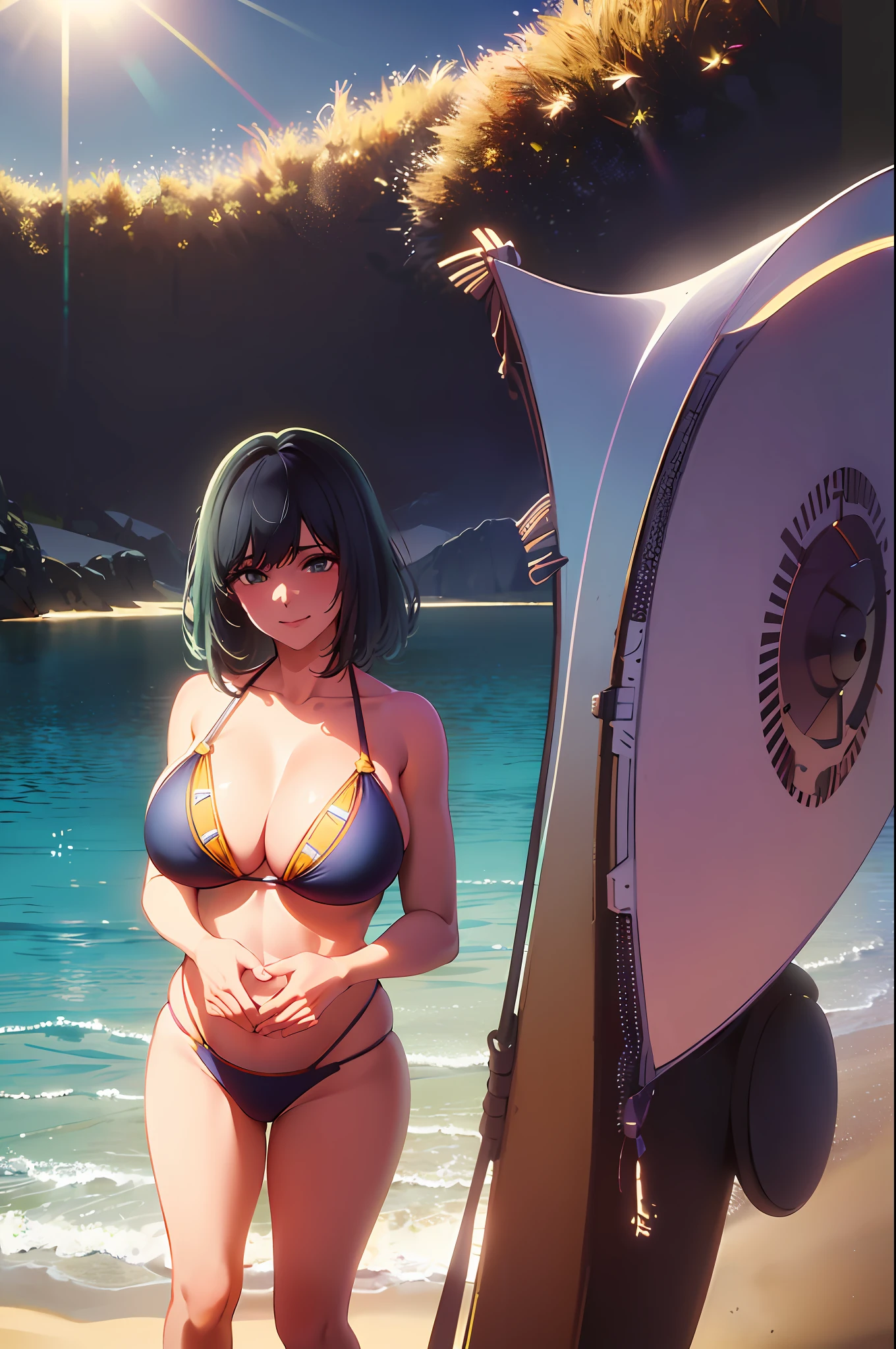 (((strong sun light))),goddess, bloom, lens flare, (8k, RAW, professional, best quality, masterpiece:1.2), ultra-detailed, (25mm portrait wide angle), (highest detailed skin:1.2), (highest detailed face:1.2), cinematic lighting, 1woman, black hair, (windy), (((standing on the beach))), sun light, look at the camera, ((blue bikini)), polite smile