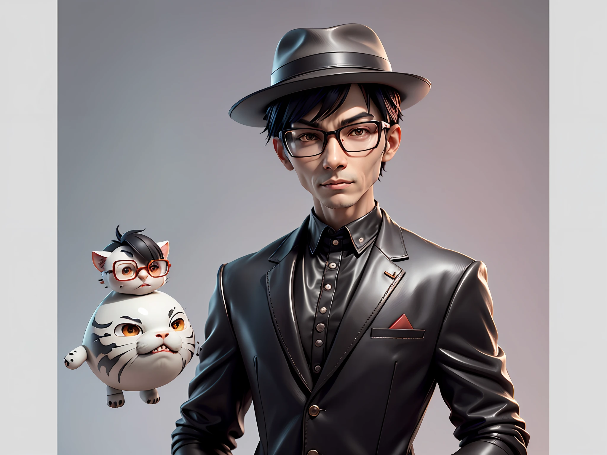 Young man with oriental face in leather hat, tiger, oriental face in formal suit, short black hair, silver glasses, digital painting, 3D character design by Mark Clairedon and Pixar and Hayao Miyazaki and Akira Toriyama, the illustration is a high-definition illustration in 4K resolution with very detailed facial features and cartoon-style visuals.