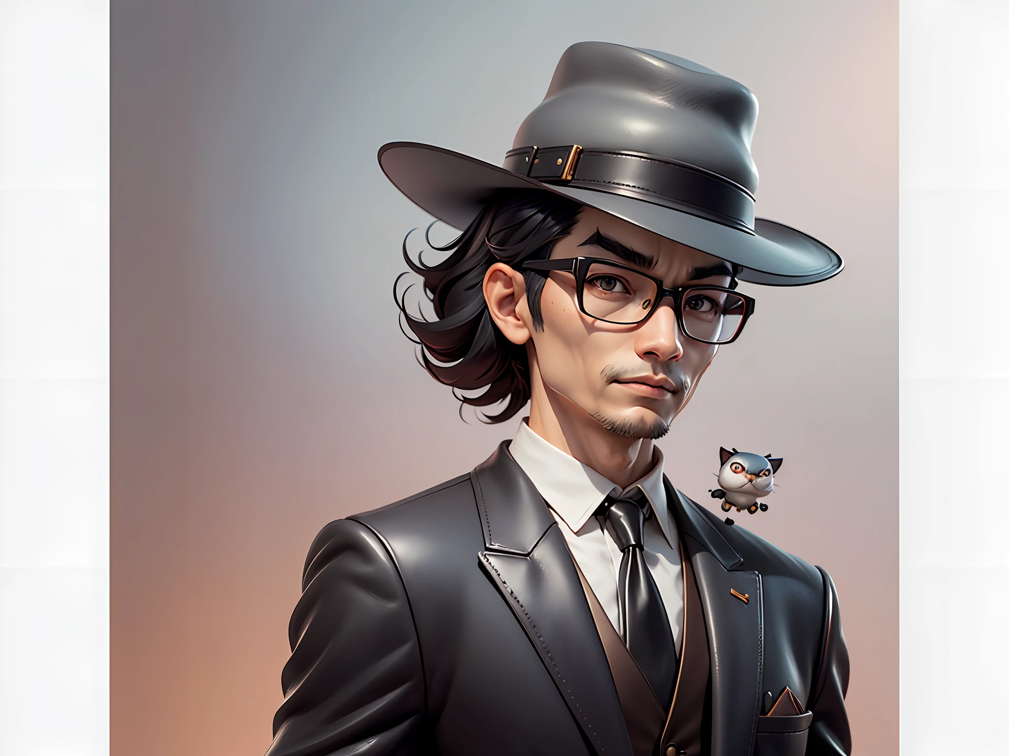 Young man with oriental face in leather hat, tiger, oriental face in formal suit, short black hair, silver glasses, digital painting, 3D character design by Mark Clairedon and Pixar and Hayao Miyazaki and Akira Toriyama, the illustration is a high-definition illustration in 4K resolution with very detailed facial features and cartoon-style visuals.