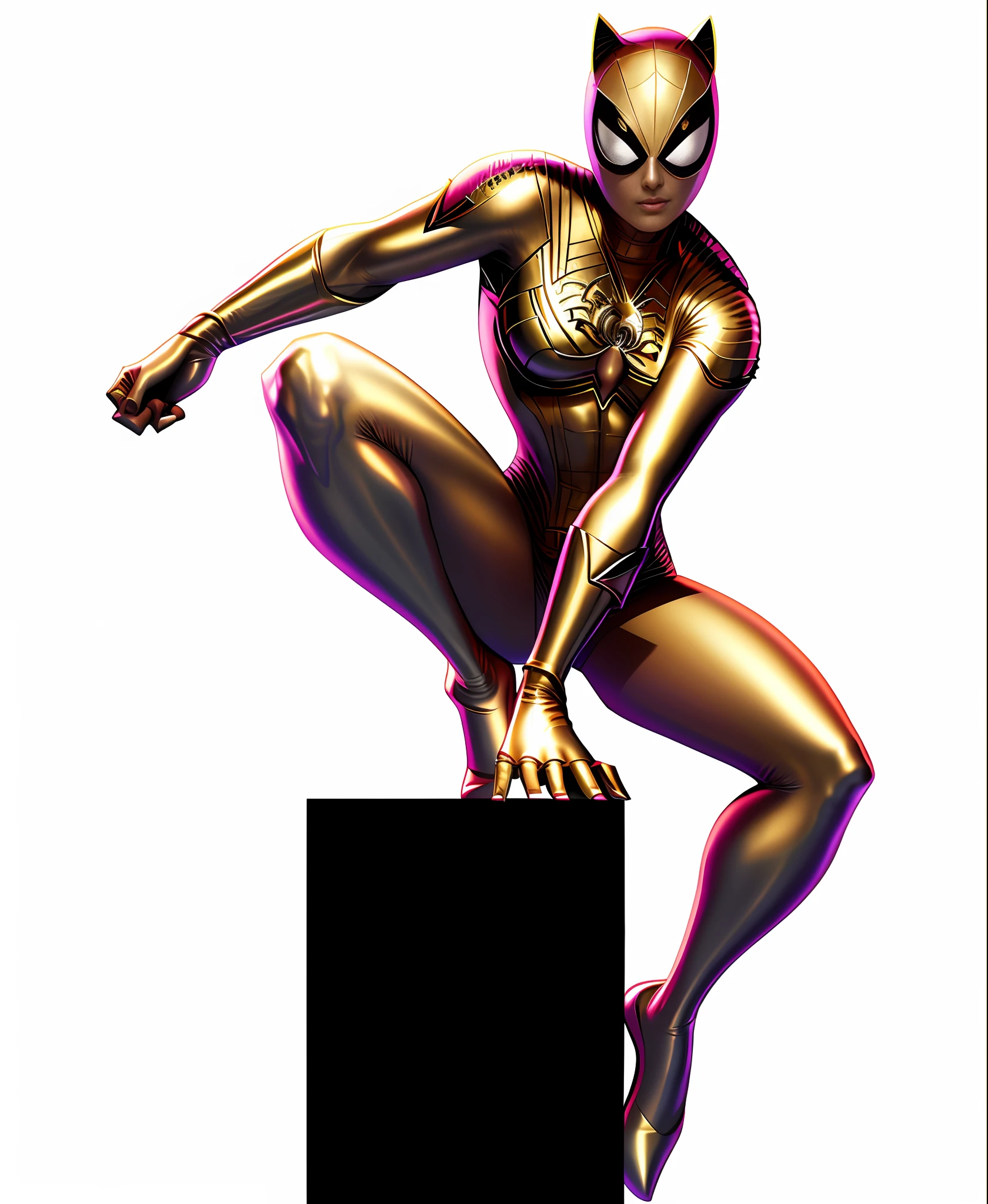 spider - woman in a white suit is standing on a block, detailed full body concept, character posing for concept art, full body concept, doja cat as cat woman, beautiful full body concept art, character is in her natural pose, posing for a fight intricate, detailed full body concept art, pose study, neutral pose, catwoman, legs stretched!!! intricate