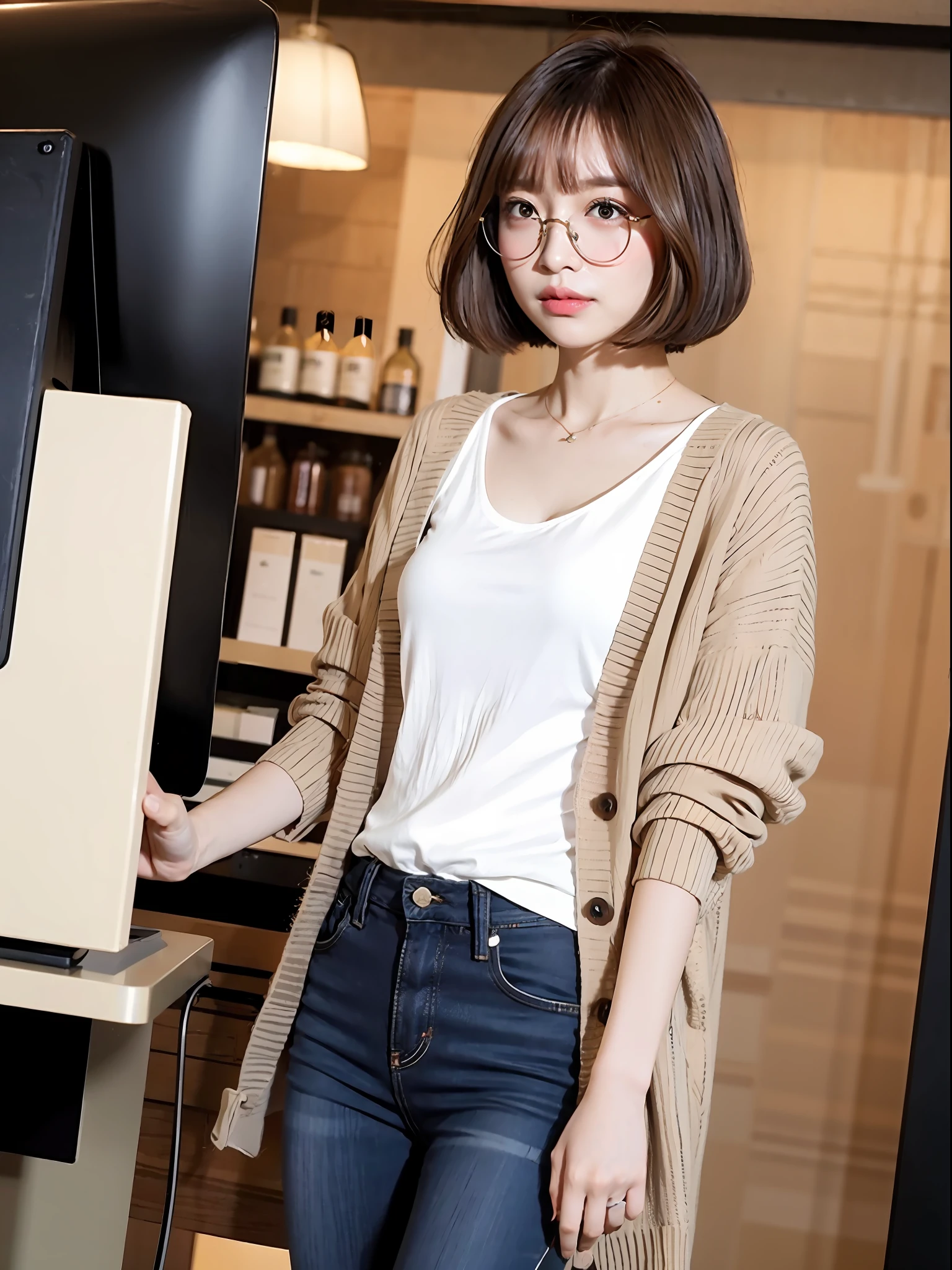 brown bob cut hair, black eyes, glasses, blushing, beige cardigan, white t-shirt, black jeans, standing, shop clerk, cash register, cashier, shop