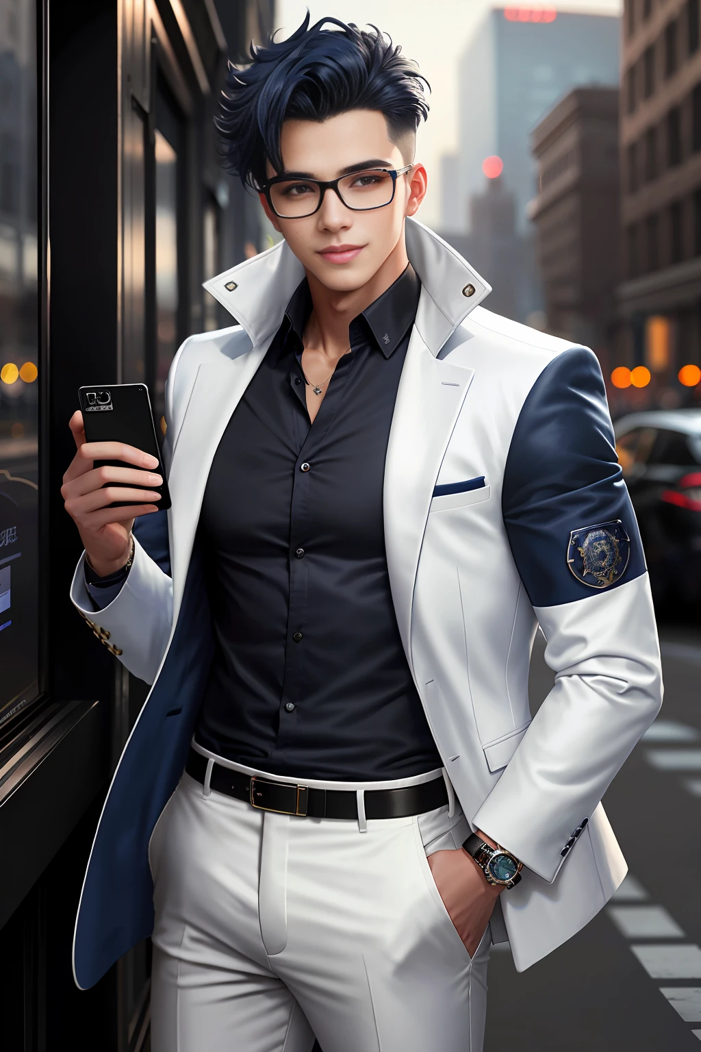 18 year old boy, seductive look, dark blue hair, white jacket, black pants, luxury brand watch, beautiful glasses, beautiful smile, anatomically perfect, perfect proportions, HD image, 8k, award-winning digital art, absurd details, city