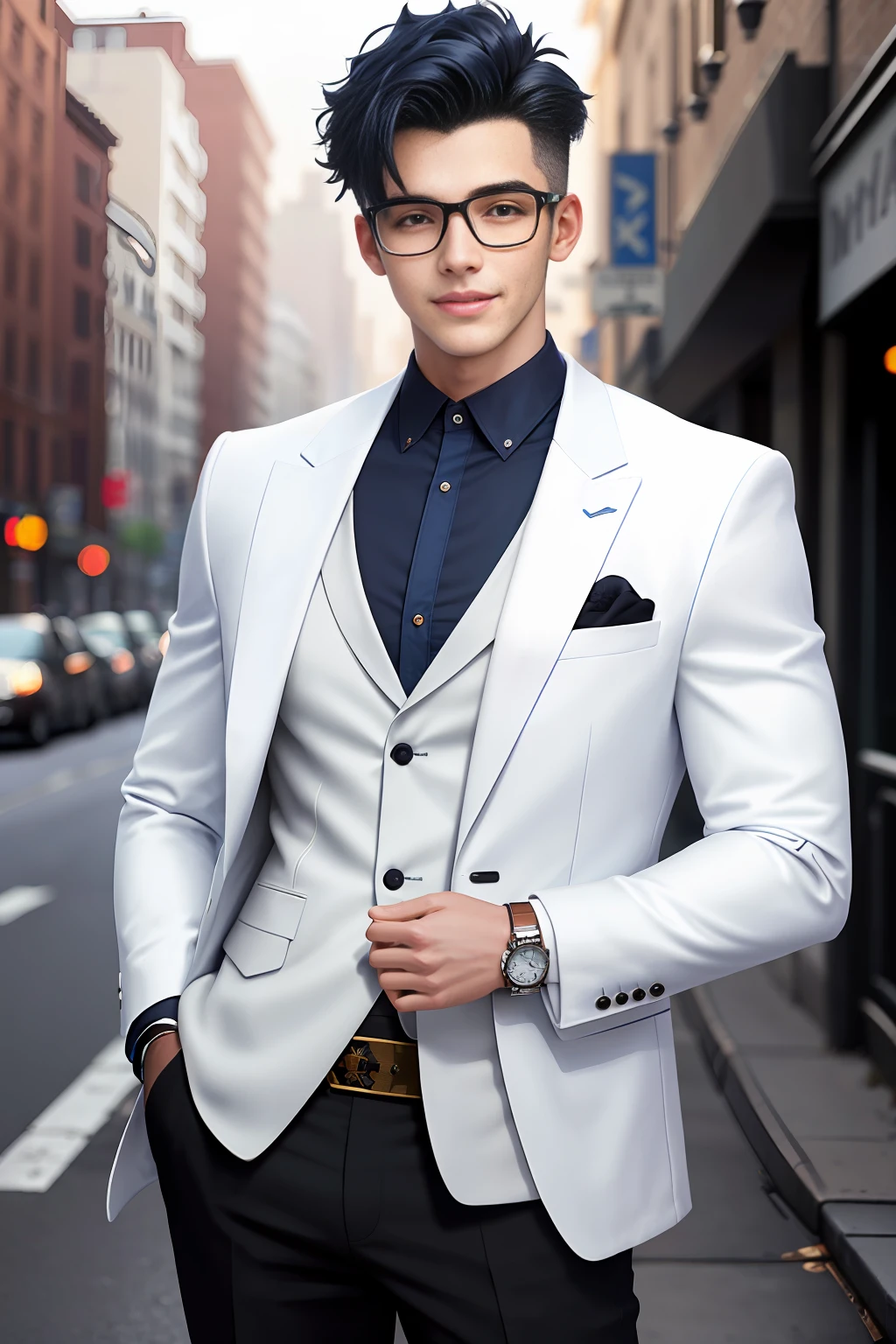 18 year old boy, seductive look, dark blue hair, white jacket, black pants, luxury brand watch, beautiful glasses, beautiful smile, anatomically perfect, perfect proportions, HD image, 8k, award-winning digital art, absurd details, city