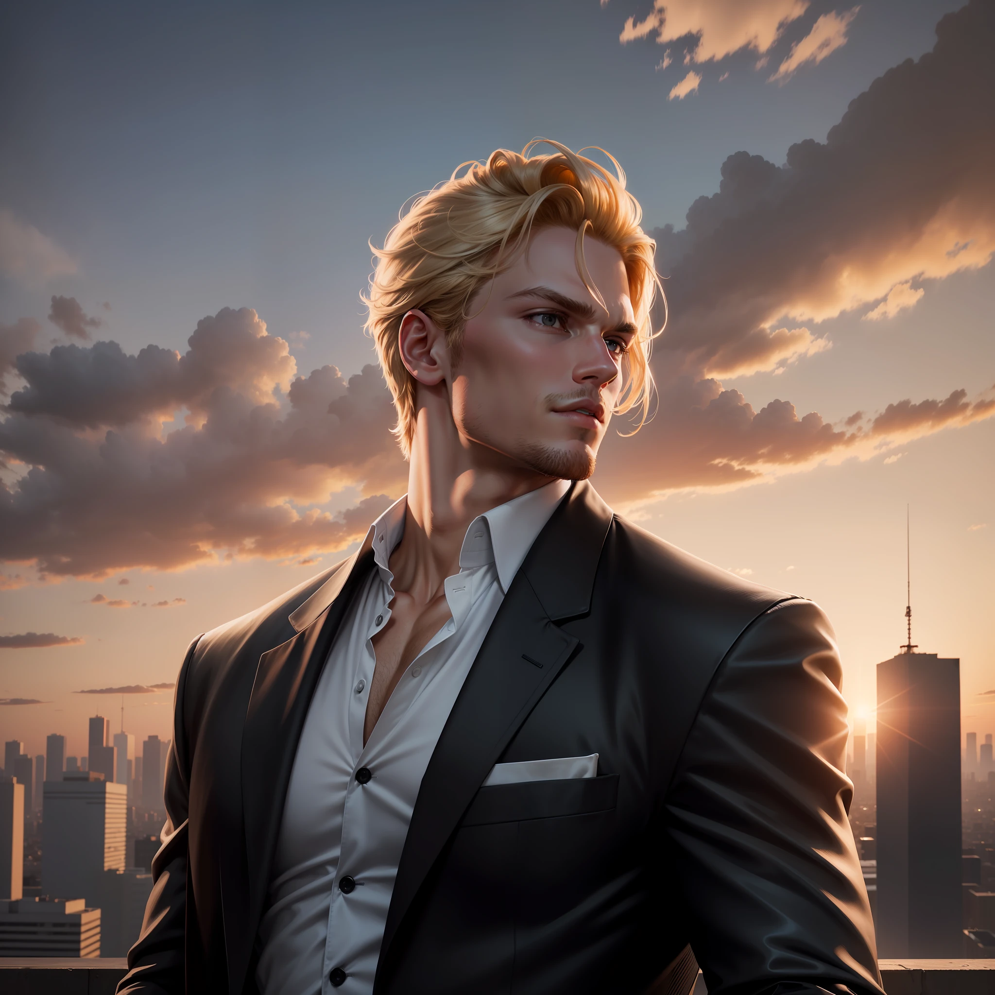 Ultra realistic image of a handsome, athletic blond man, dressed in a black jacket and a white blouse underneath, on top of a building at sunset