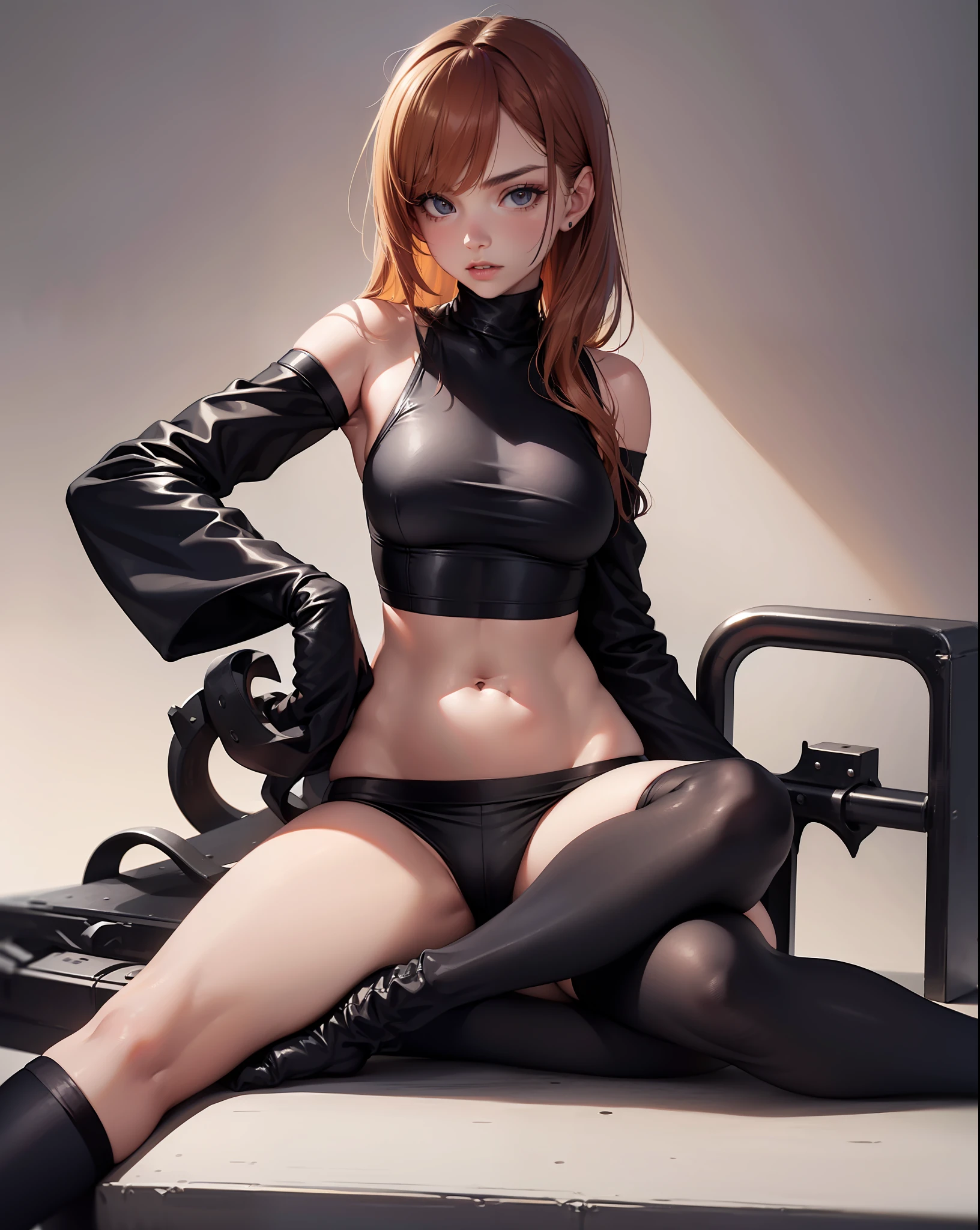 (8k, best quality, masterpiece: 1.2), (realistic, photo-realistic: 1.37), ultra-detailed, soft light, best quality, ultra highres, raw photo in hdr, sharp focus, intricate texture, skin imperfections, 1 girl, cute, solo, raw photo, a hot metalhead ginger girl wearing a black small outfit showing belly, 19yo, use Avril Lavingne face, sitting legs open, camel fingers, slim body,  warm body, Bright skin, realistic textures, reflected lighting, volumetric lighting.