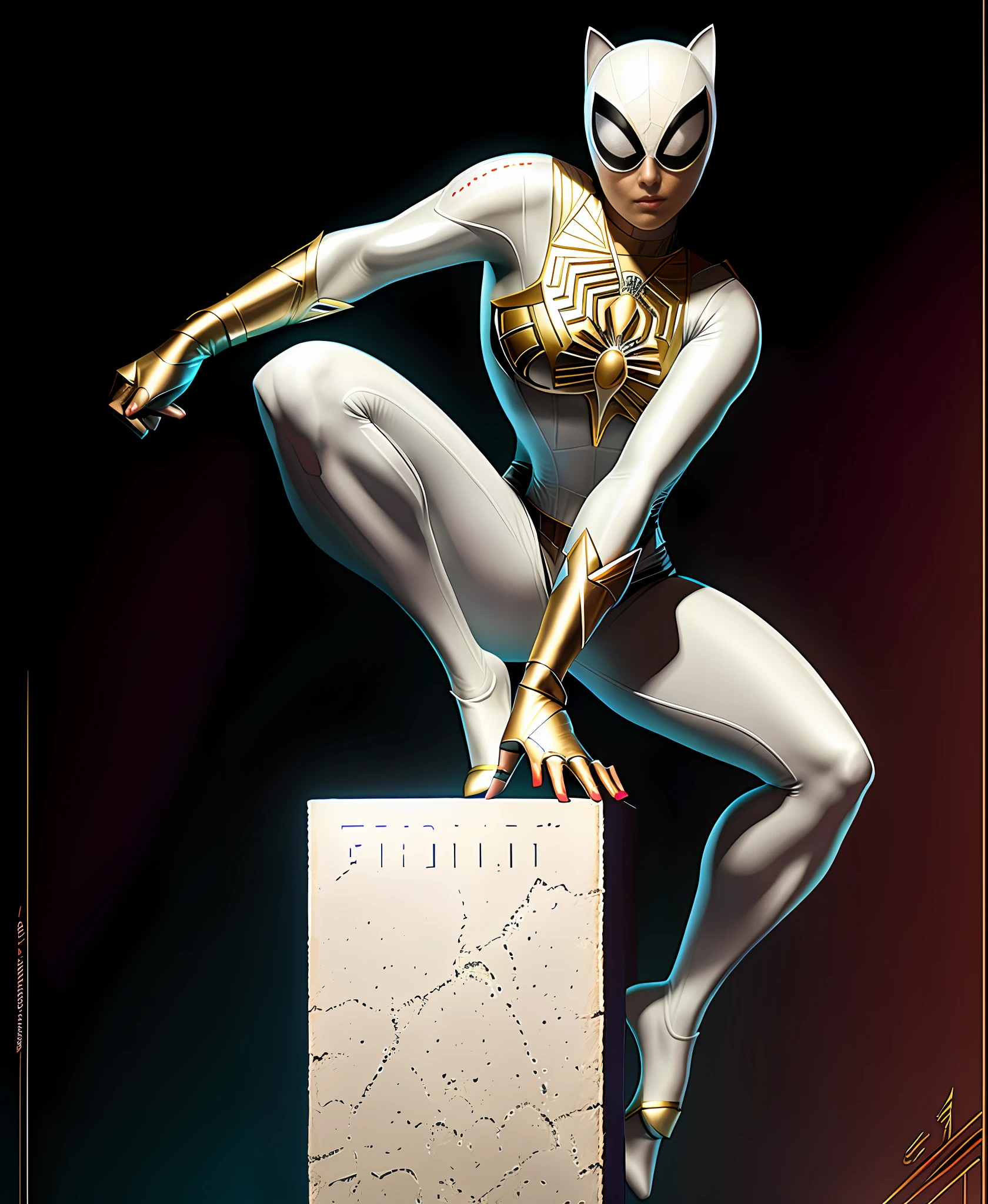 spider - woman in a white suit is standing on a block, detailed full body concept, character posing for concept art, full body concept, doja cat as cat woman, beautiful full body concept art, character is in her natural pose, posing for a fight intricate, detailed full body concept art, pose study, neutral pose, catwoman, legs stretched!!! intricate