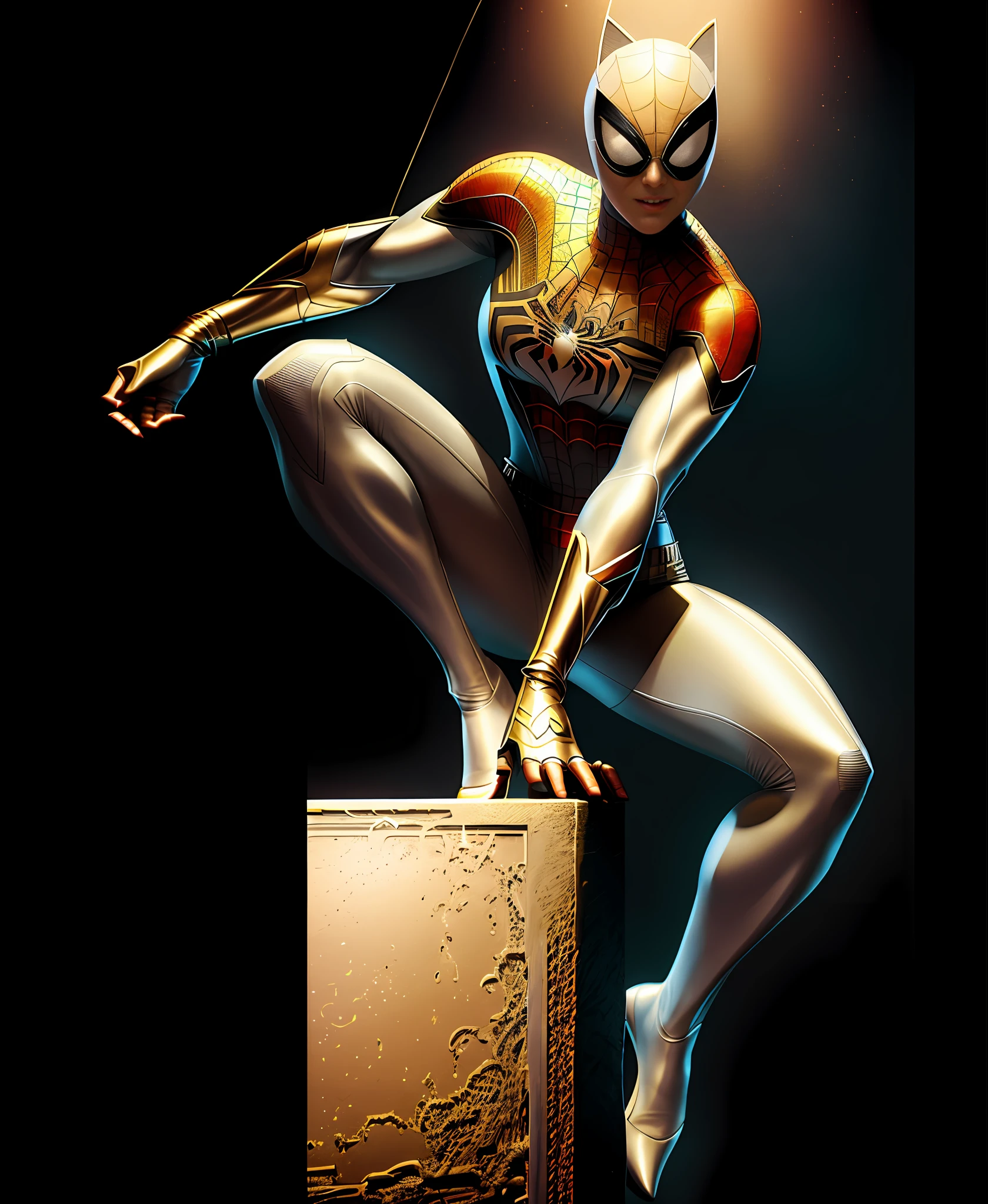 spider - man in a white suit is standing on a block, detailed full body concept, character posing for concept art, doja cat as cat woman, full body concept, beautiful full body concept art, posing for a fight intricate, character is in her natural pose, detailed full body concept art, pose study, catwoman, neutral pose, legs stretched!!! intricate