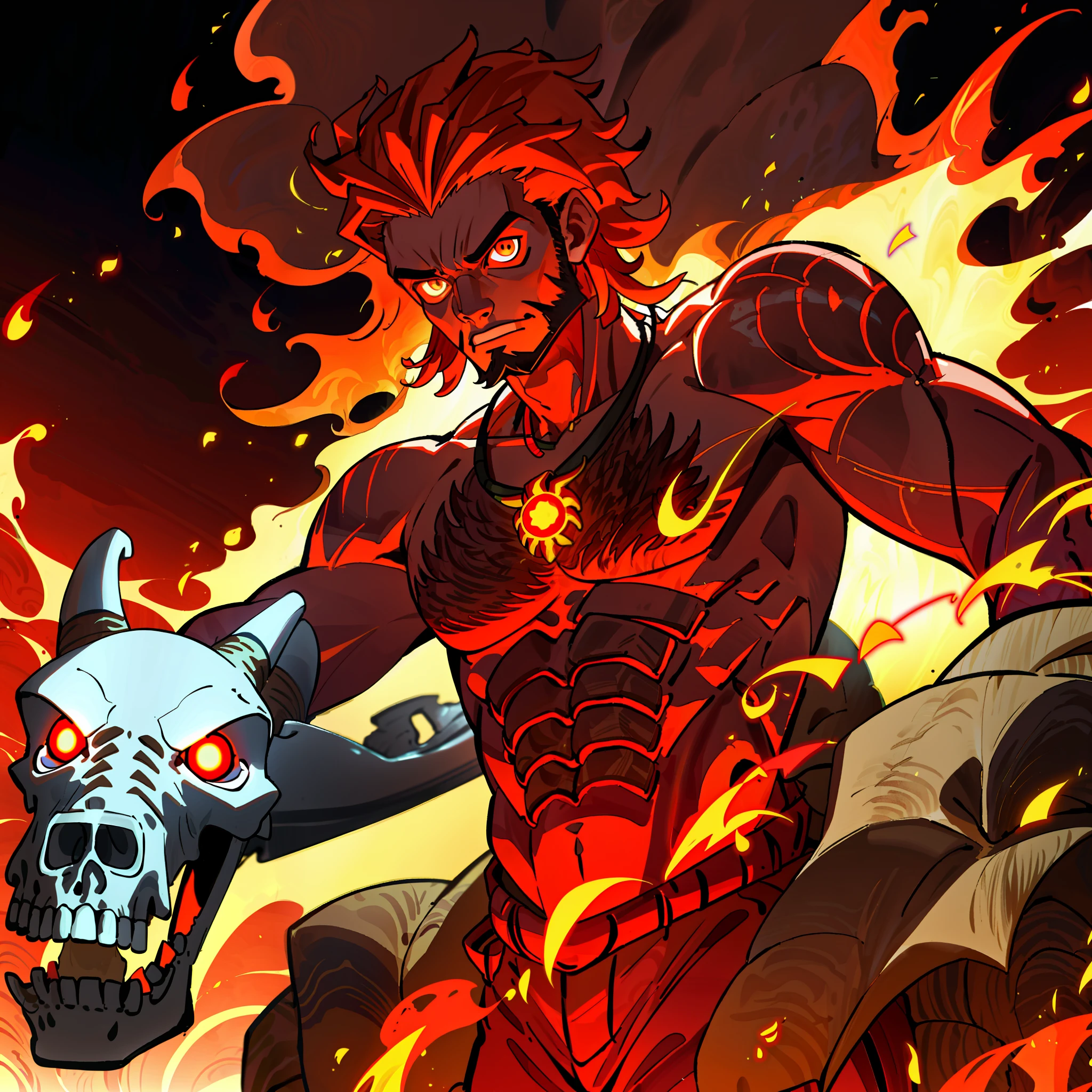 (Fire hair:1.0), brown skin, glowing eyes, (African male:1.0), muscle, fire background, glowing tattoos, 8k, high definition, huge resolution, (dreamlike style:1.0), bright colors, half body perspective, bone necklace, handsome, short beard,