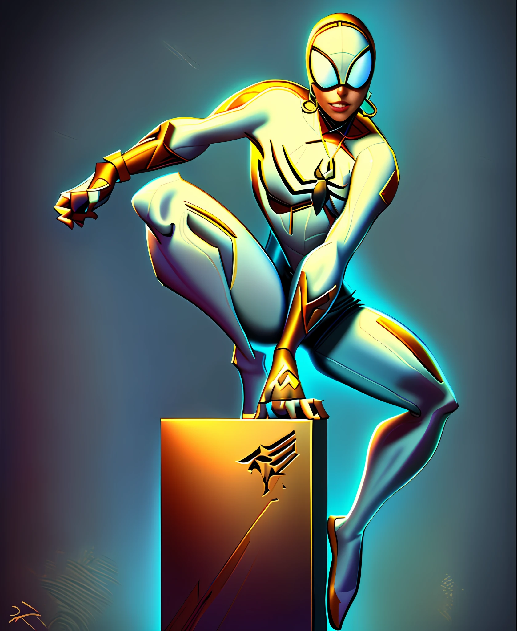 spider - man in a white suit is standing on a block, detailed full body concept, character posing for concept art, doja cat as cat woman, full body concept, beautiful full body concept art, posing for a fight intricate, character is in her natural pose, detailed full body concept art, pose study, catwoman, neutral pose, legs stretched!!! intricate