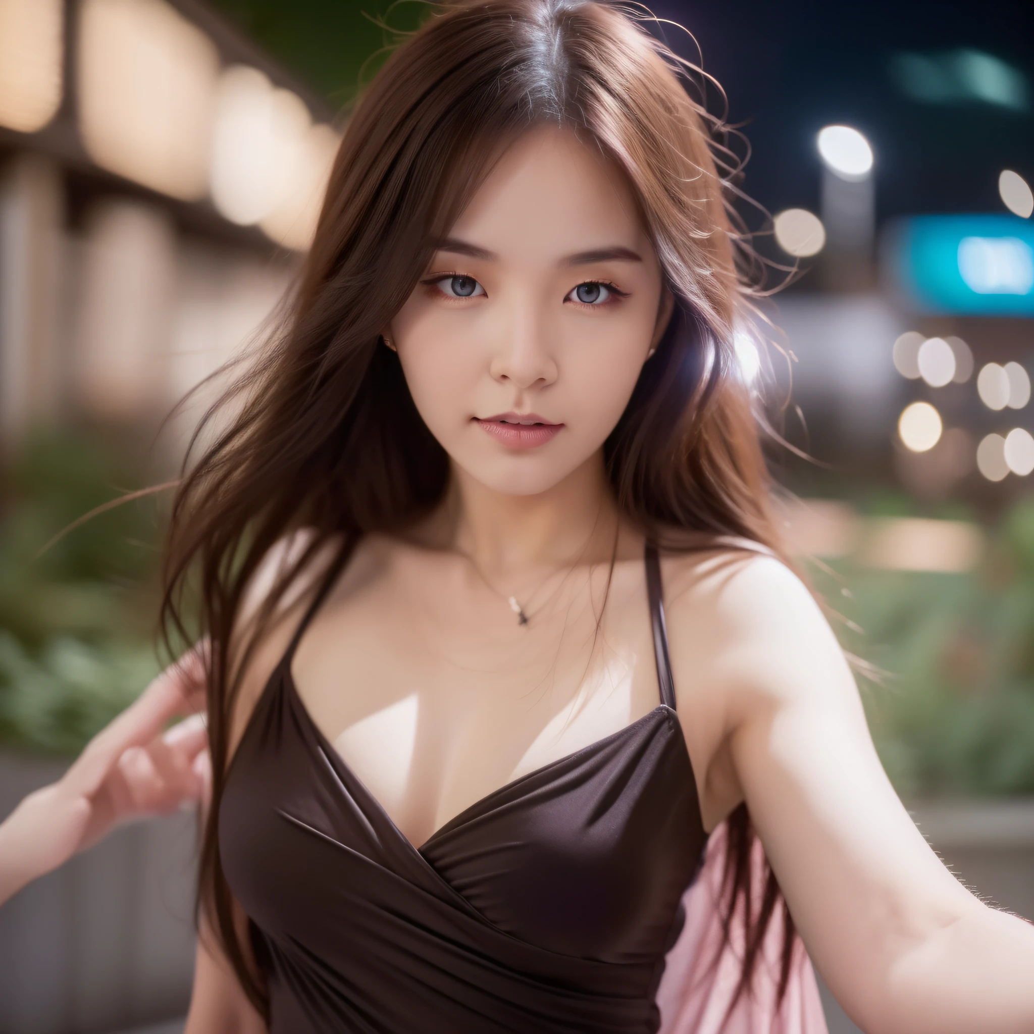 ((Realistic lighting, Best quality, 8K, Masterpiece: 1.3)), Clear focus: 1.2, 1girl, Perfect Body Beauty: 1.4, Slim Abs: 1.1, ((Dark Brown Hair, Big Breasts: 1.3)), (Aqua Dress: 1.4), (Outdoor, Night: 1.1), City Street, Super Fine Face, Fine Eyes, Double Eyelids