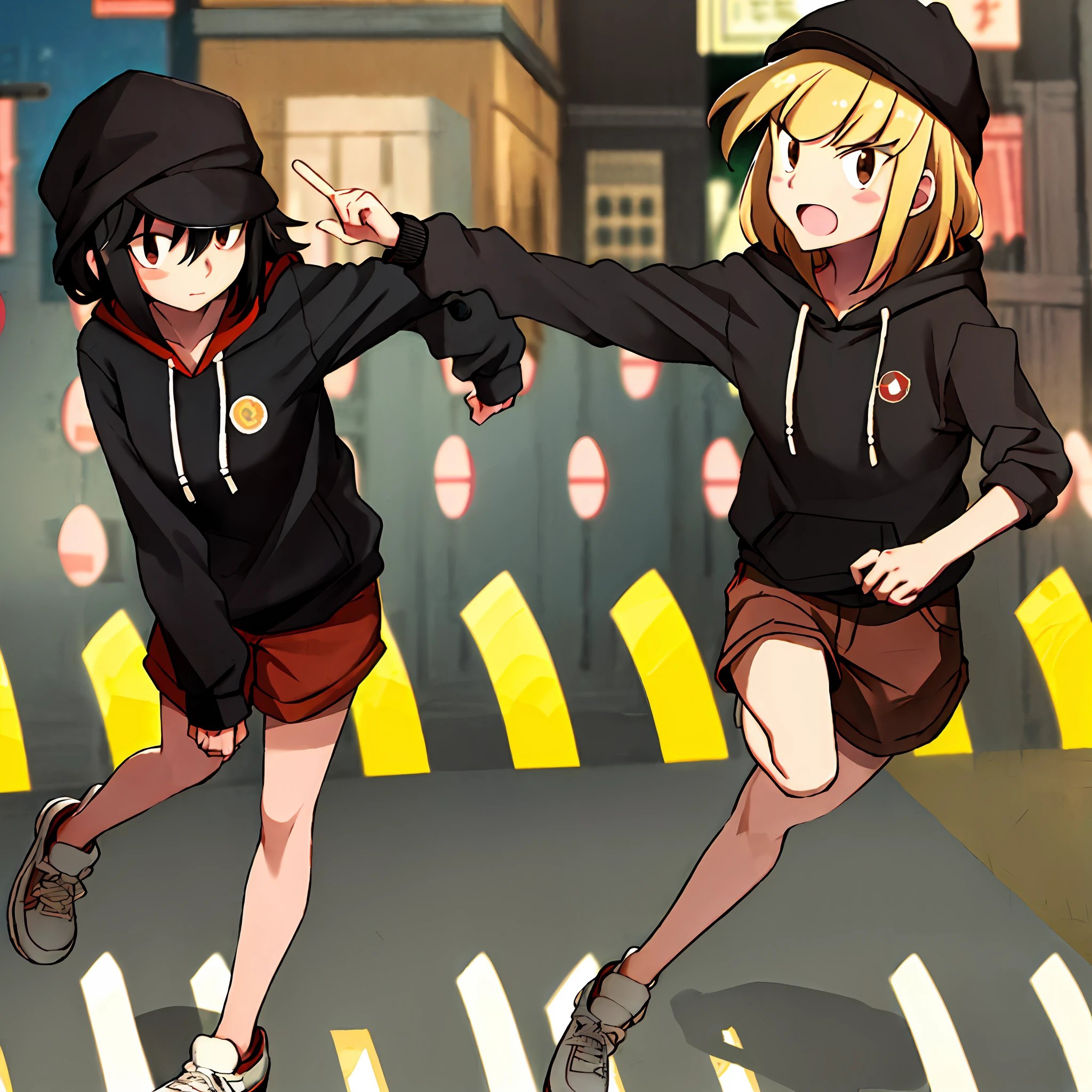 (masterpiece, best quality), 1girl, solo, tomoko-kuroki, (uchi-emoji-face:1.1), black hooded pullover, red cap, brown shorts, (crowded street background), looking at viewer, american shot,