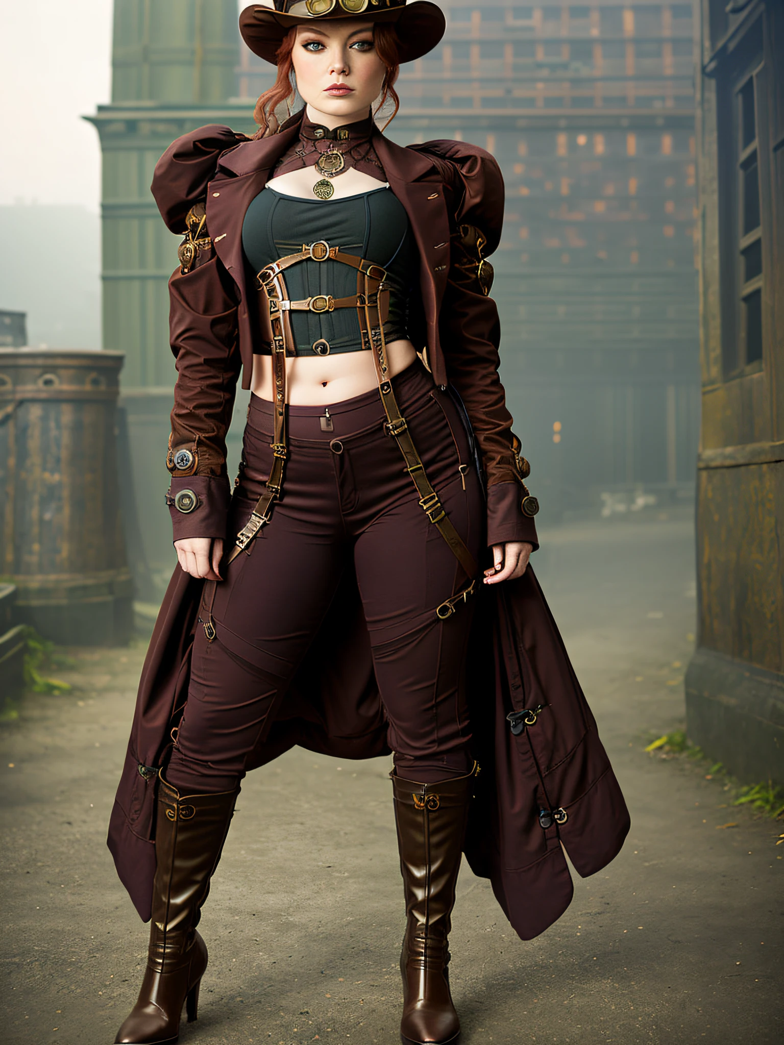 emma stone, high quality RAW color photo of a steampunk detective woman wearing low pants and thigh boots crop top and jacket, thigh slit, intricate mechanical city, night, dark, atmospheric, foggy, seductive, sexual, vivid seductive eyes, high contrast, soft lighting, backlighting, flower, chromatic freak, smooth, sharp focus, fantasy, steampunk, chubby, curvilinea, thick thighs