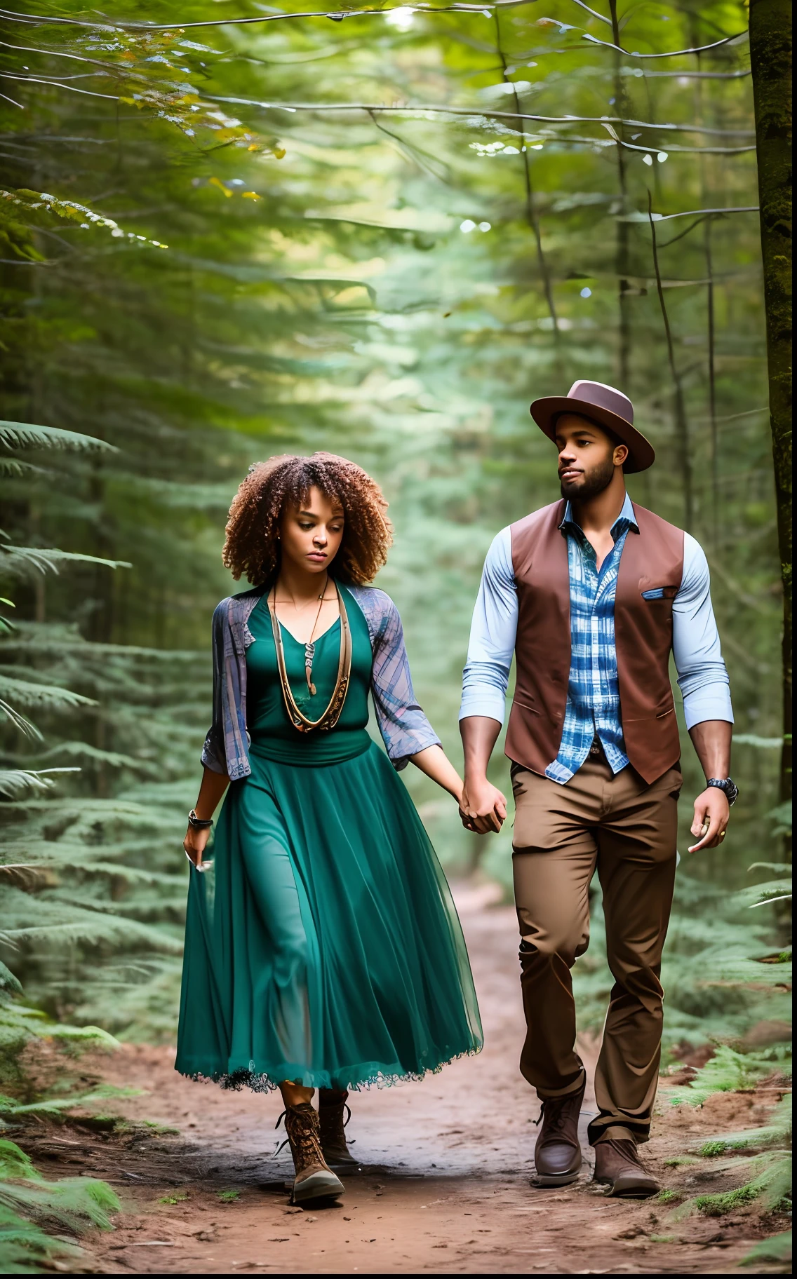image of two young people standing. the woman must be a charming and talented young woman, mulatto with curly hair and very beautiful. she dances gracefully through the woods of the enchanted forest and the man must be a young mulatto man with an athletic body and an unshaven beard, he must have the clothes of an adventurer devided in different worlds --auto --s2