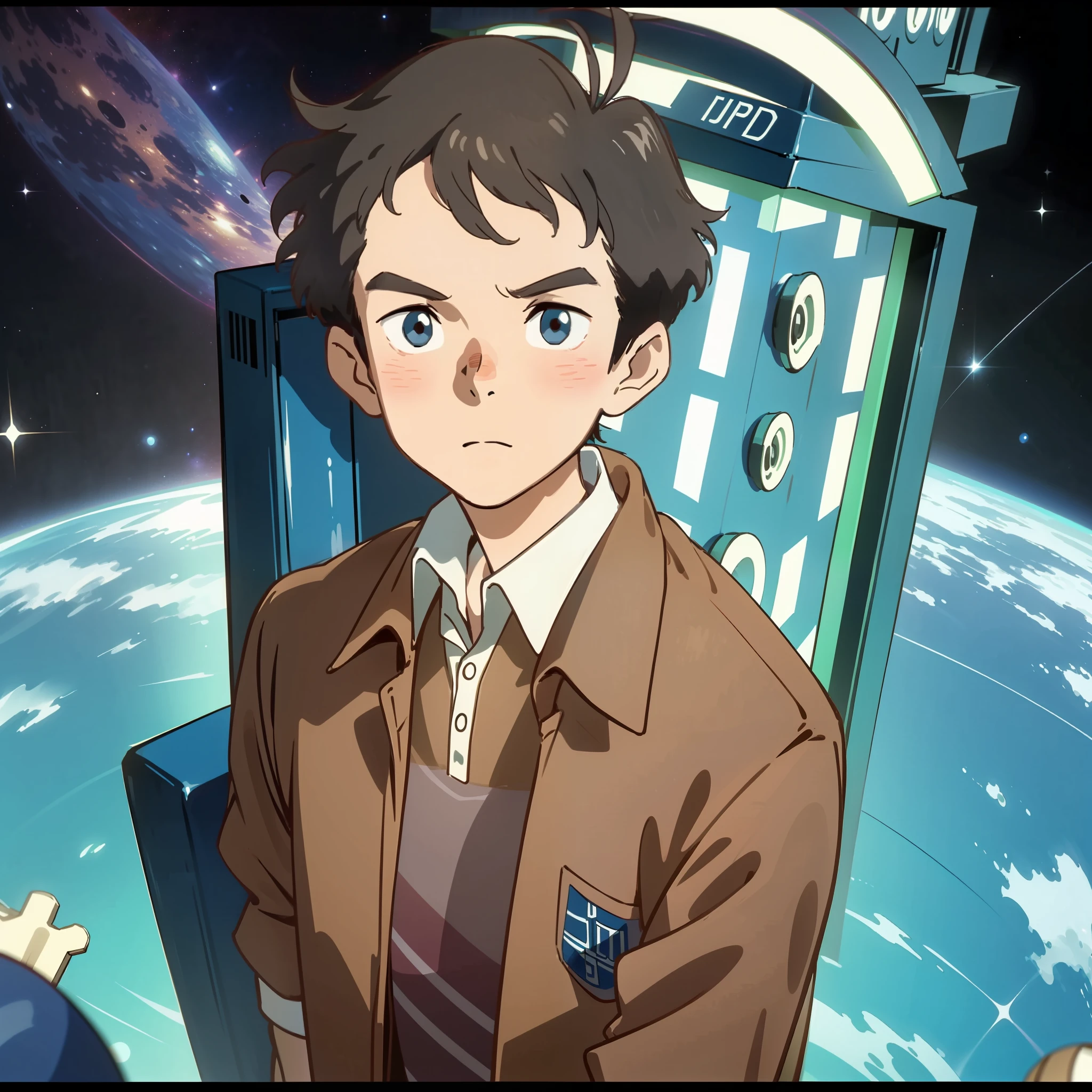 Best quality, ultra high resolution, (fidelity: 1.4), 1 person, upper body, outer space, brown jacket, Doctor Who, blue tardis