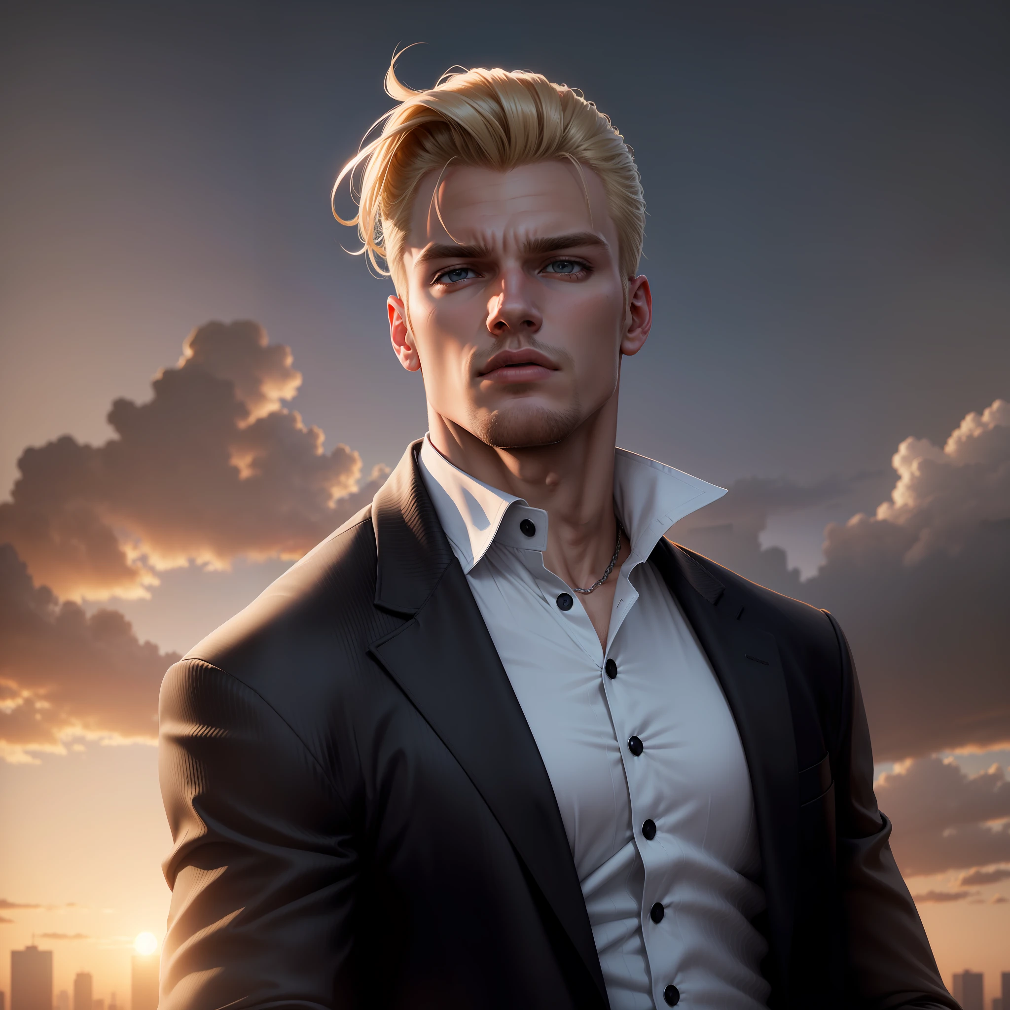 Ultra realistic image of a handsome, athletic blond man, dressed in a black jacket and a white blouse underneath, on top of a building at sunset