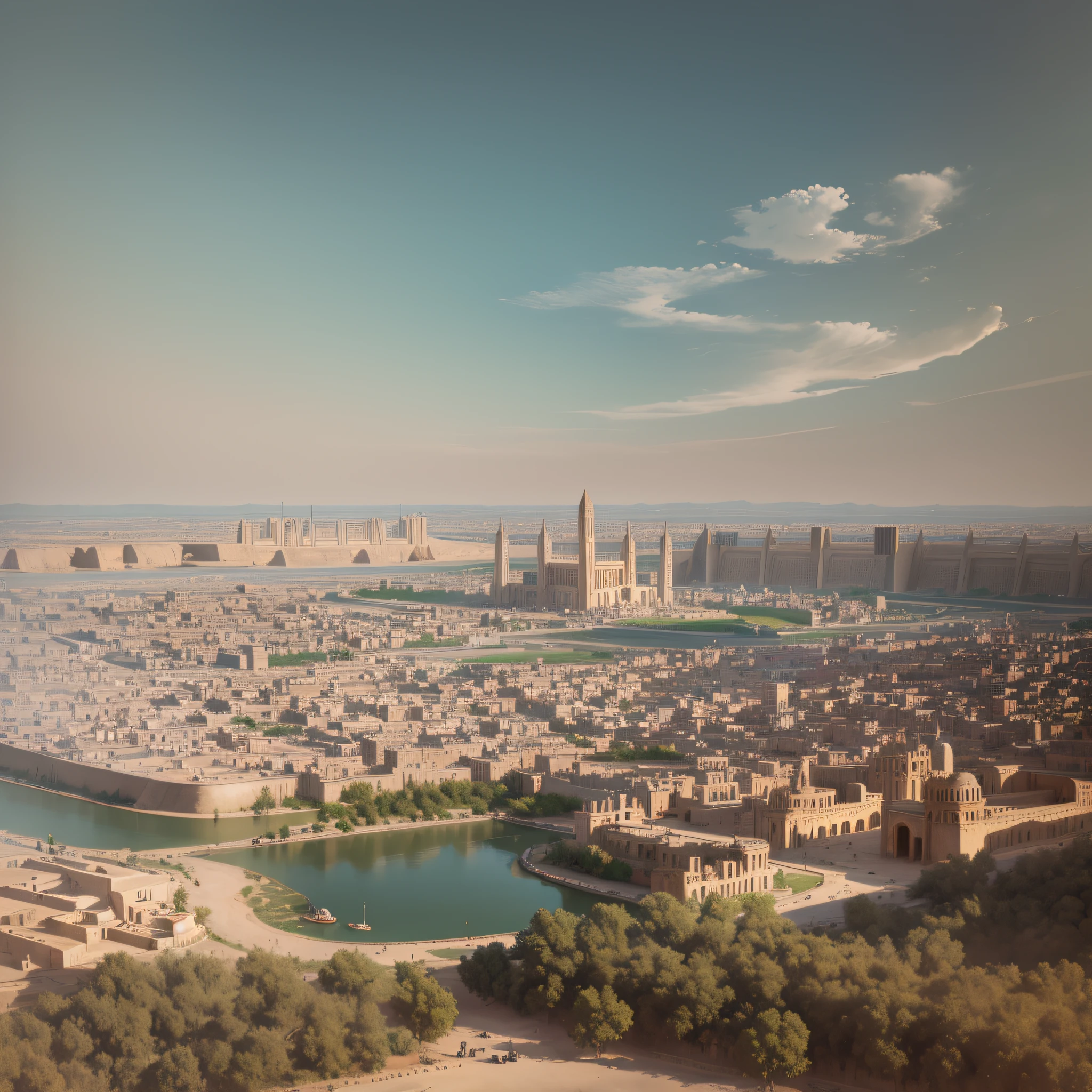 City of ancient Babylon, during the day, beautiful city and with a flying saucer hovering over the city --auto --s2