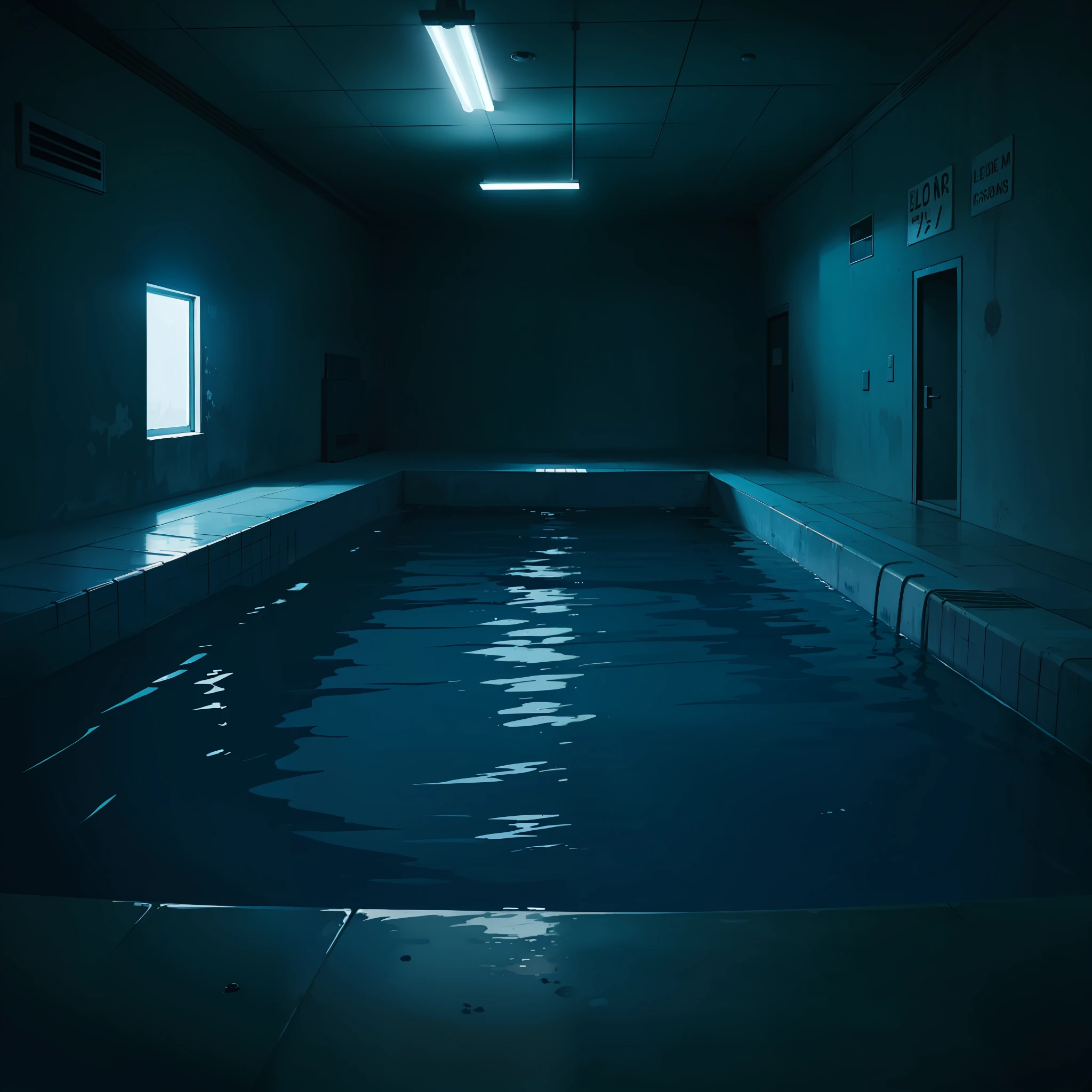 School pool, scary, horror, dark themed, dark, night, low lighting, dark blue colors,