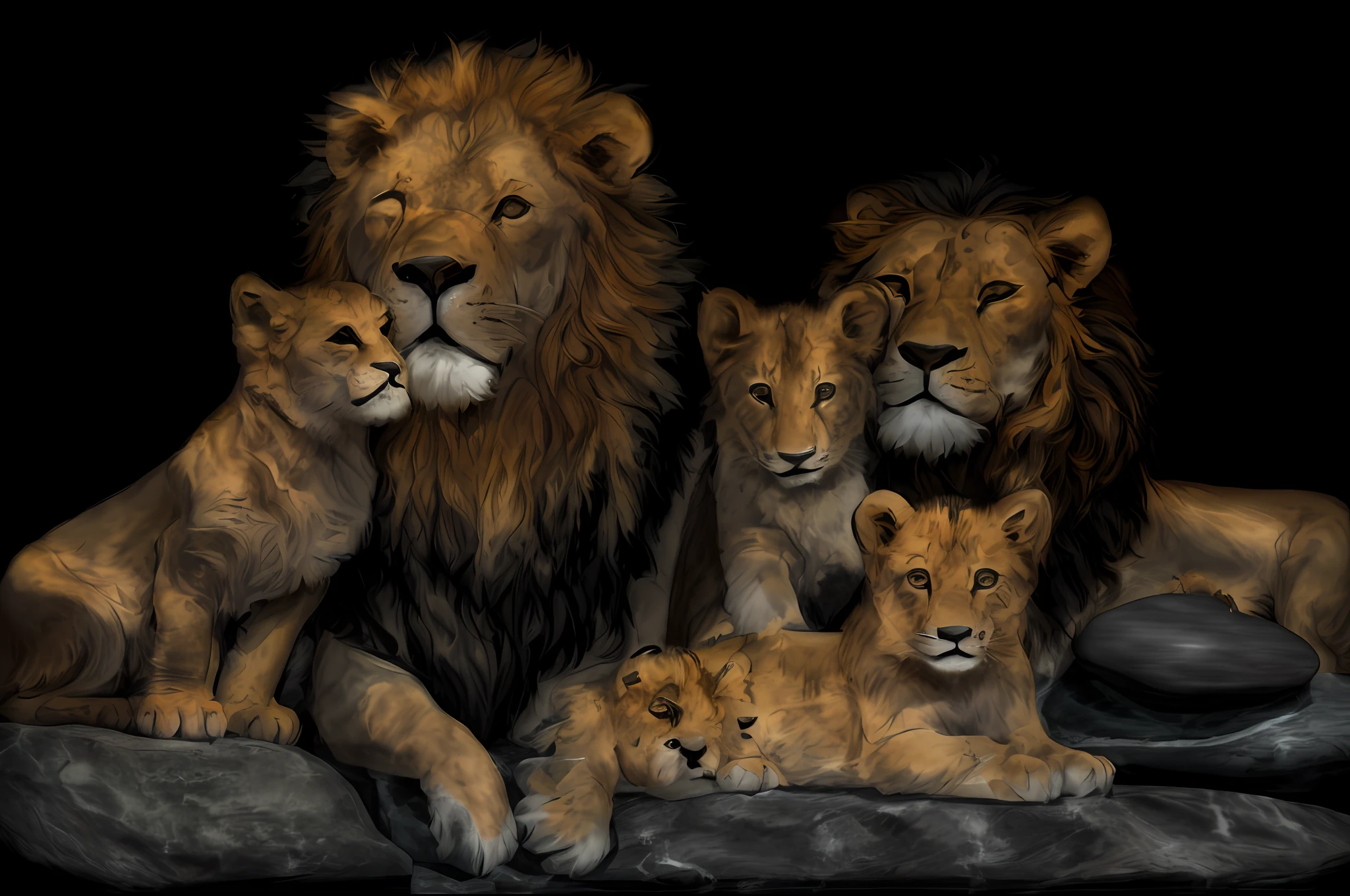 (((Black background)))), (((lying on top of the stone)))), family of lions with cubs on the rock in front of sunset, lions, family portrait, lioness, the lion king, family photo, happy family, wild animals, wildlife photo, amazing art, detailed cute animals, proud look, profile photo, by Teresa Fasolino, high image quality, acclaimed masterpiece, king of the jungle, amazing art, majestic!!! Beautiful!!!, Aslan the Lion