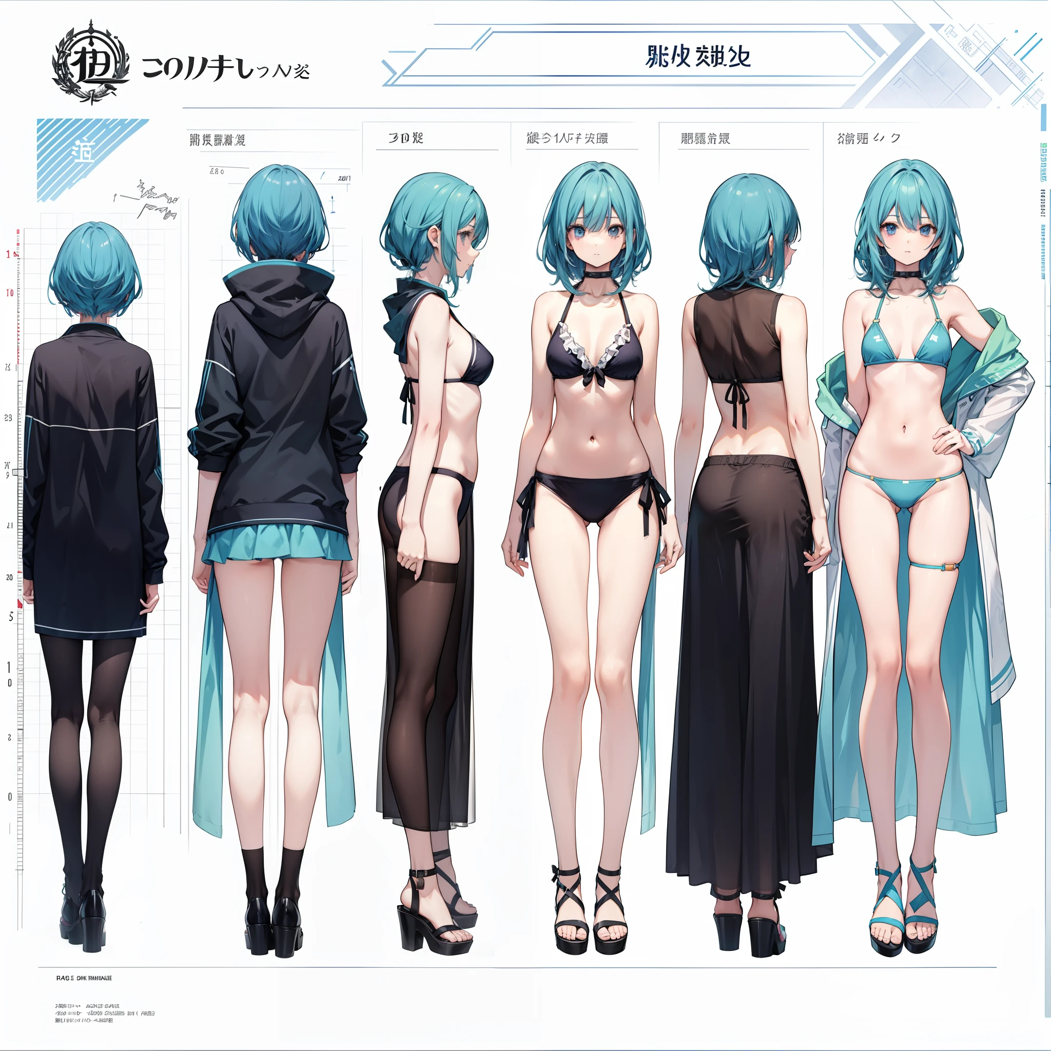 Single character Woman around 20 years old high poses different Settei sheets Drawing Tricks anime style, using bikini 👙 hights chart, height chart height measurement front view, back view, profile view, side view CV