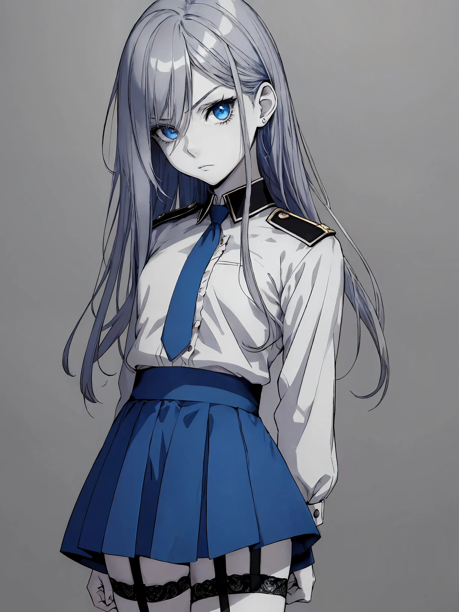 (Masterpiece, Top Quality, Best Quality, Official Art, Beautiful and Aesthetic: 1.2), (1 Girl: 1.2),Break,Solo ,13 years old, Devilish Beautiful Girl,Gray Hair,Break, Big Eyes, Beautiful Detailed Eyes, Blue Eyes, Yellow Eyes, Angry Eyes, Long Lashes, Tattoos on Chest, Cut on Right Cheek, Blood Coming Out, Break, Floating, , Break, High Saturation, Break,,Simple, Blue military uniform, mini skirt, garter belt, break, background, (monochrome: 1.2), break, sideways, watching viewing, break, odd-eyed, different eye color, break,