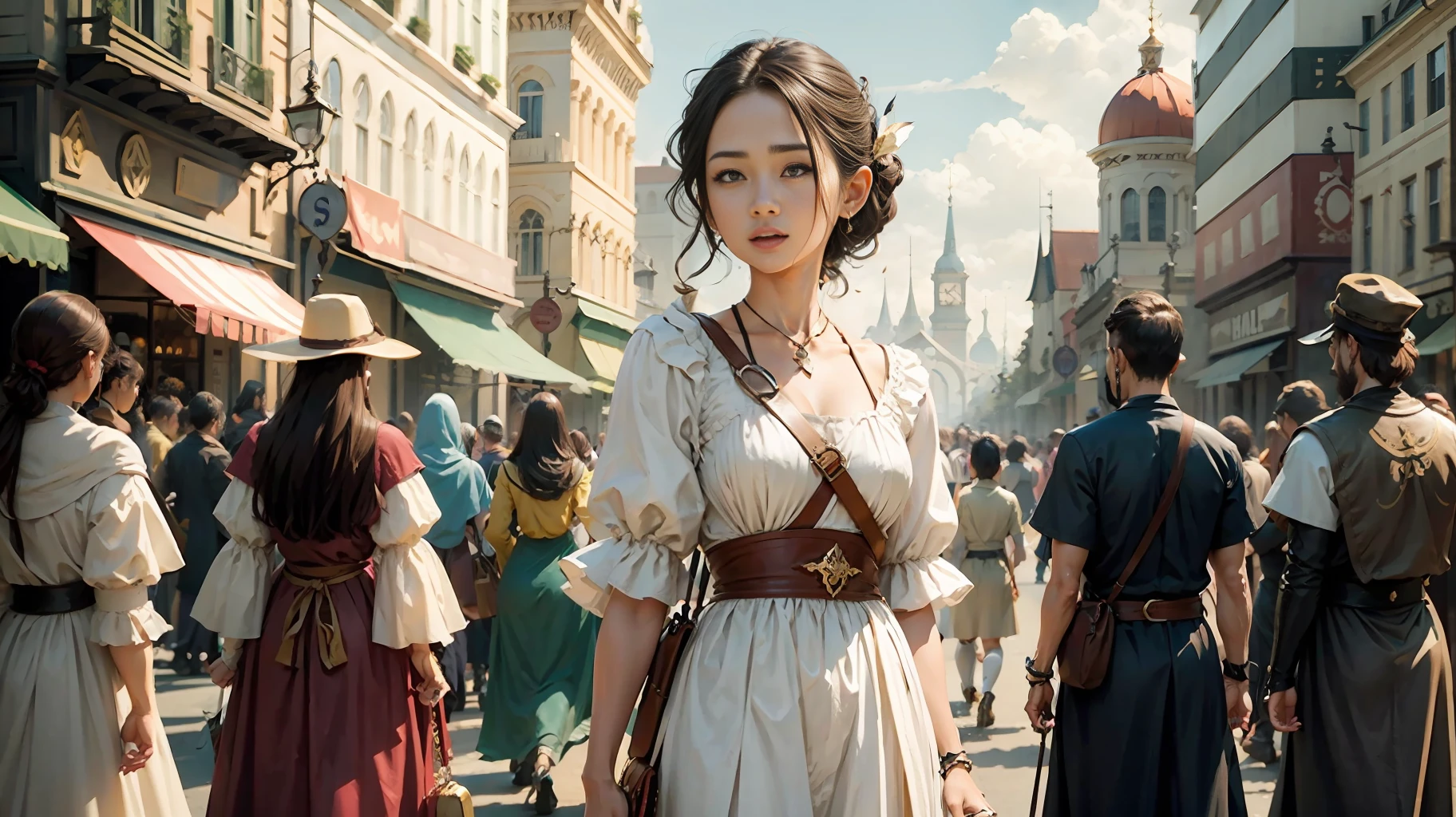 Show a kingdom with several people on the streets