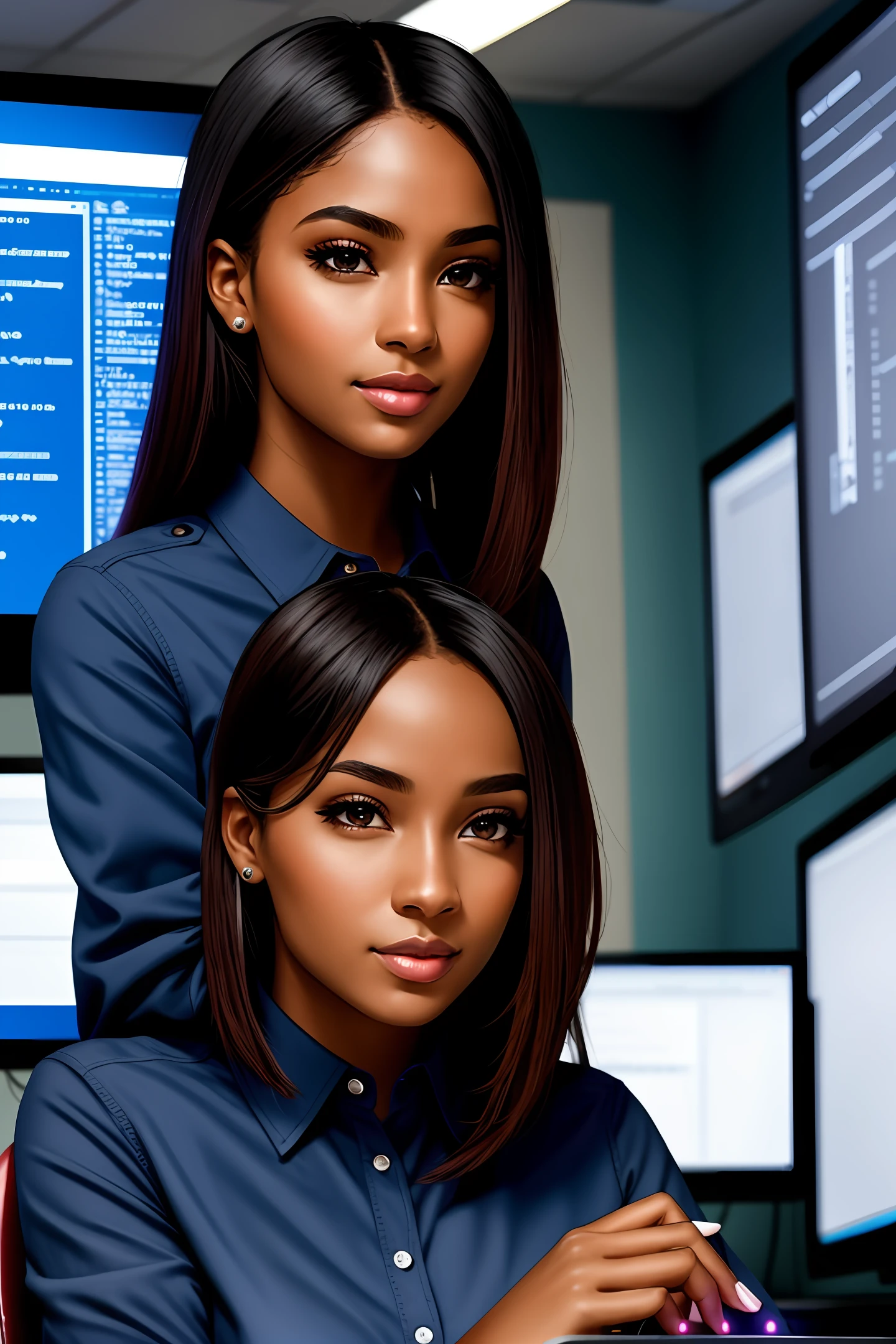 Create a woman who works in the area of technology, sharp image and ultra there are 8k, gamer room, woman with brown skin, beautiful eyes, making a code in front end on the computer screen