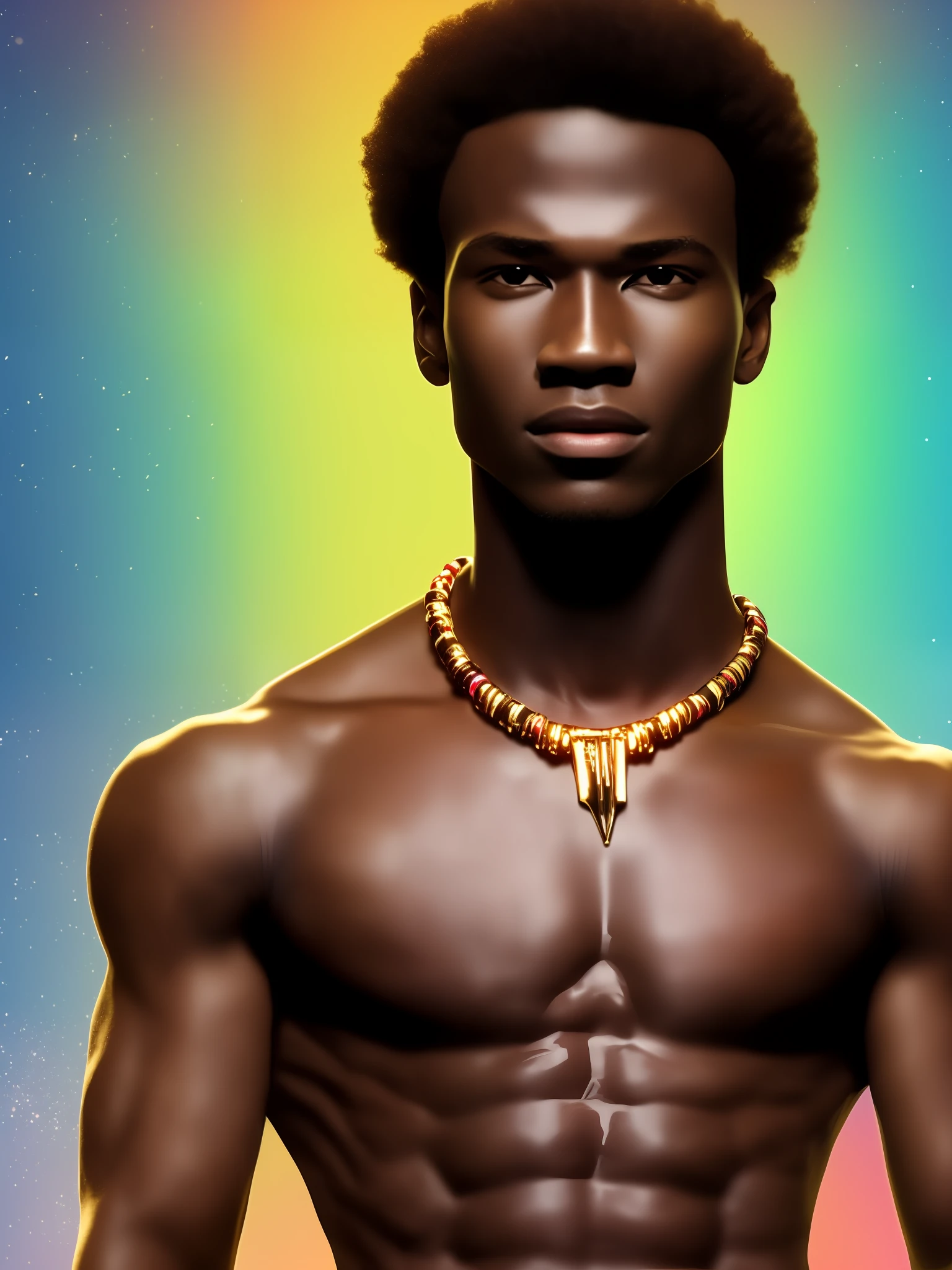 fking_scifi, fking_scifi_v2, portrait of a young, muscular Angolan male model extremely handsome and attractive, in front of a Design agency, short curly hair, hairy tattooed body, colorful Angolan clothes and golden jewelry, close-up, royal pose and attitude. fking_cinema_v2.