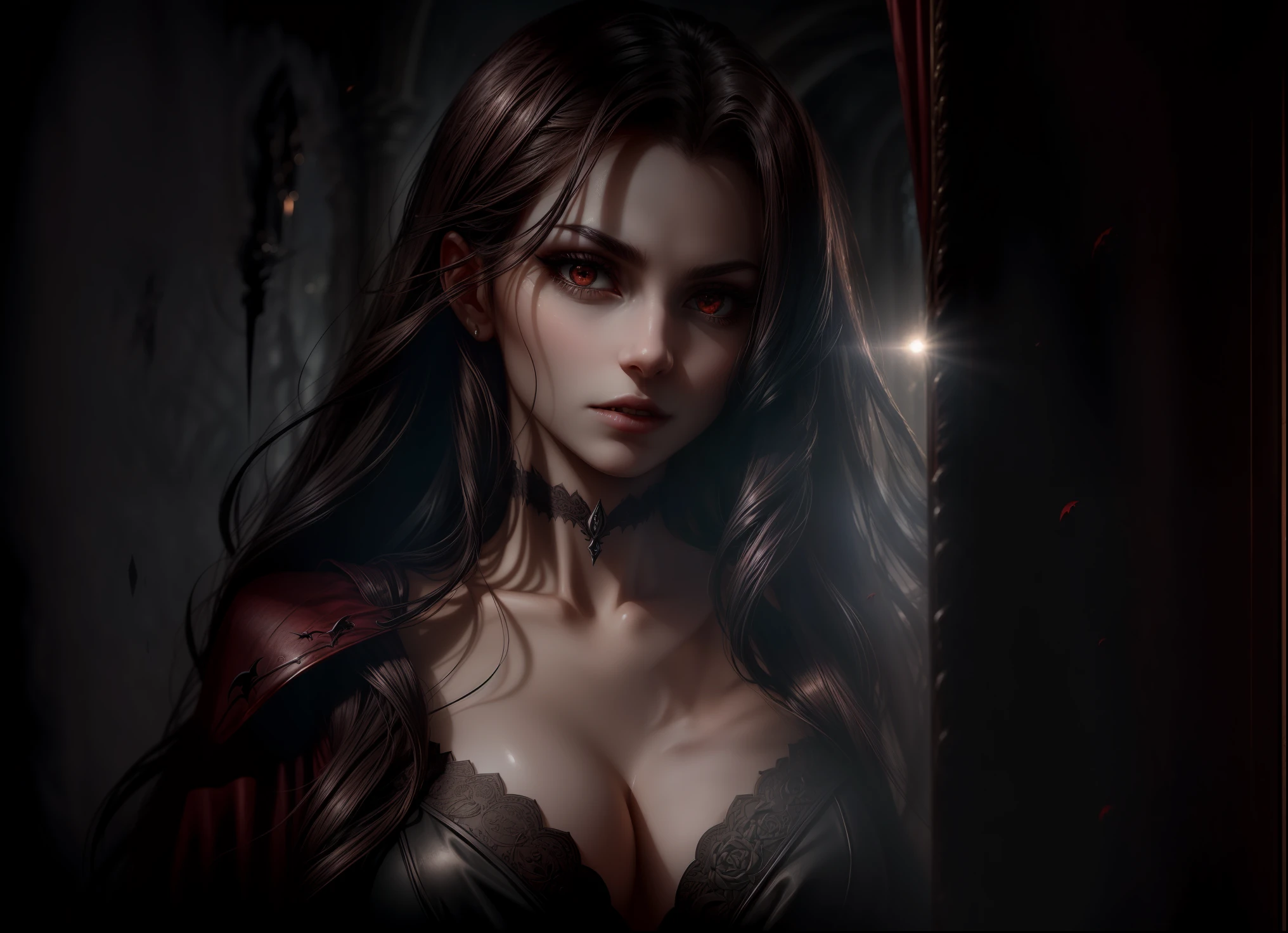 Description of the realistic photographic style to portray a seductive vampire. The image is captured in high resolution, with sharp detail and an almost palpable quality. The lighting is carefully adjusted to highlight the contours of the vampire's face and body, highlighting her sensuality and menace. The result is a photograph that seems to capture the exact moment when the vampire emerges from the shadows of dark vision. --auto --s2