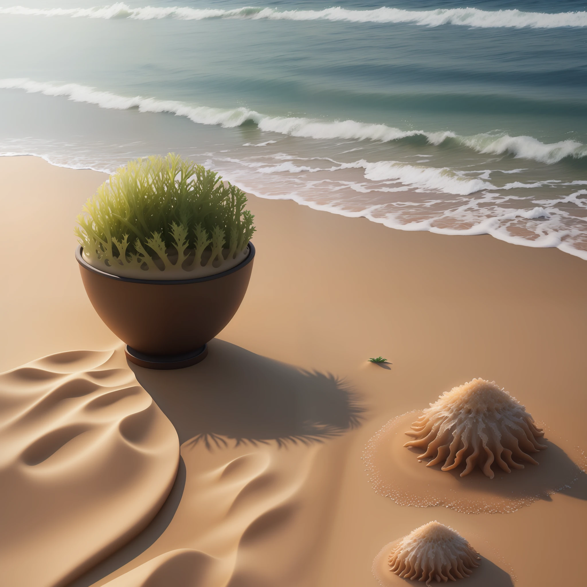 3D seaweed on hyper realistic beach sand,digital art
