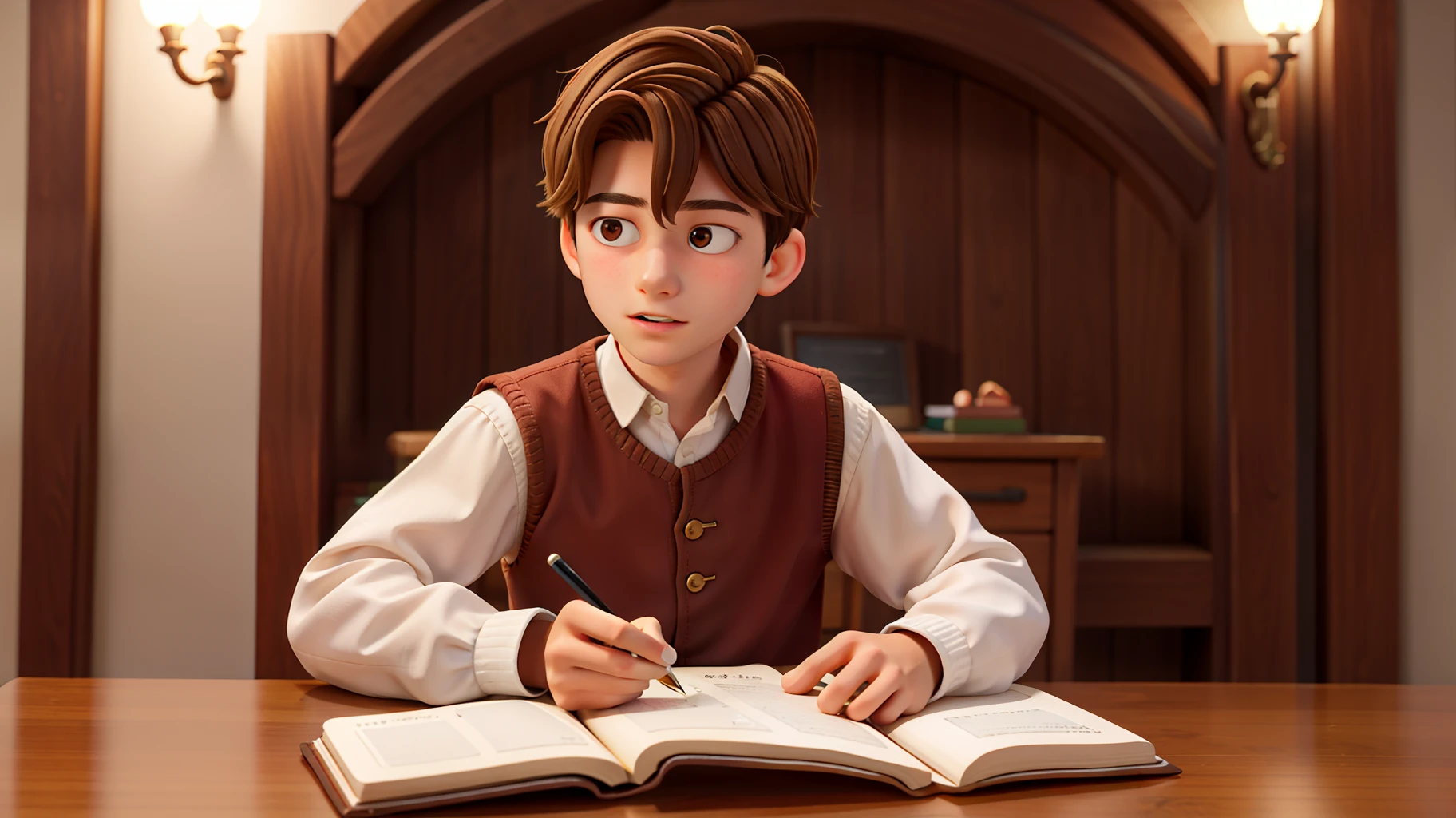  boy writing and reading, he has brown eyes and brown hair, wears medieval clothes, better quality, 4k, better lighting.