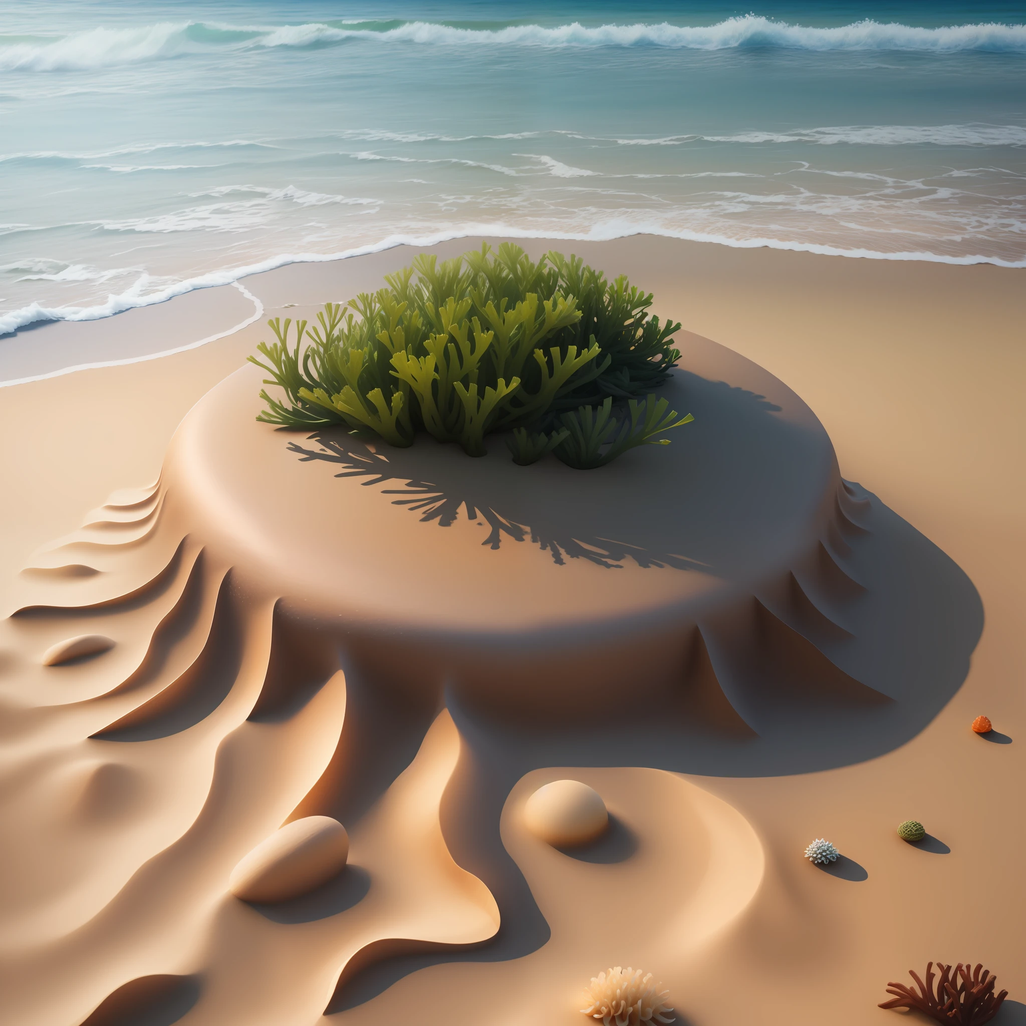 3D seaweed on hyper realistic beach sand,digital art