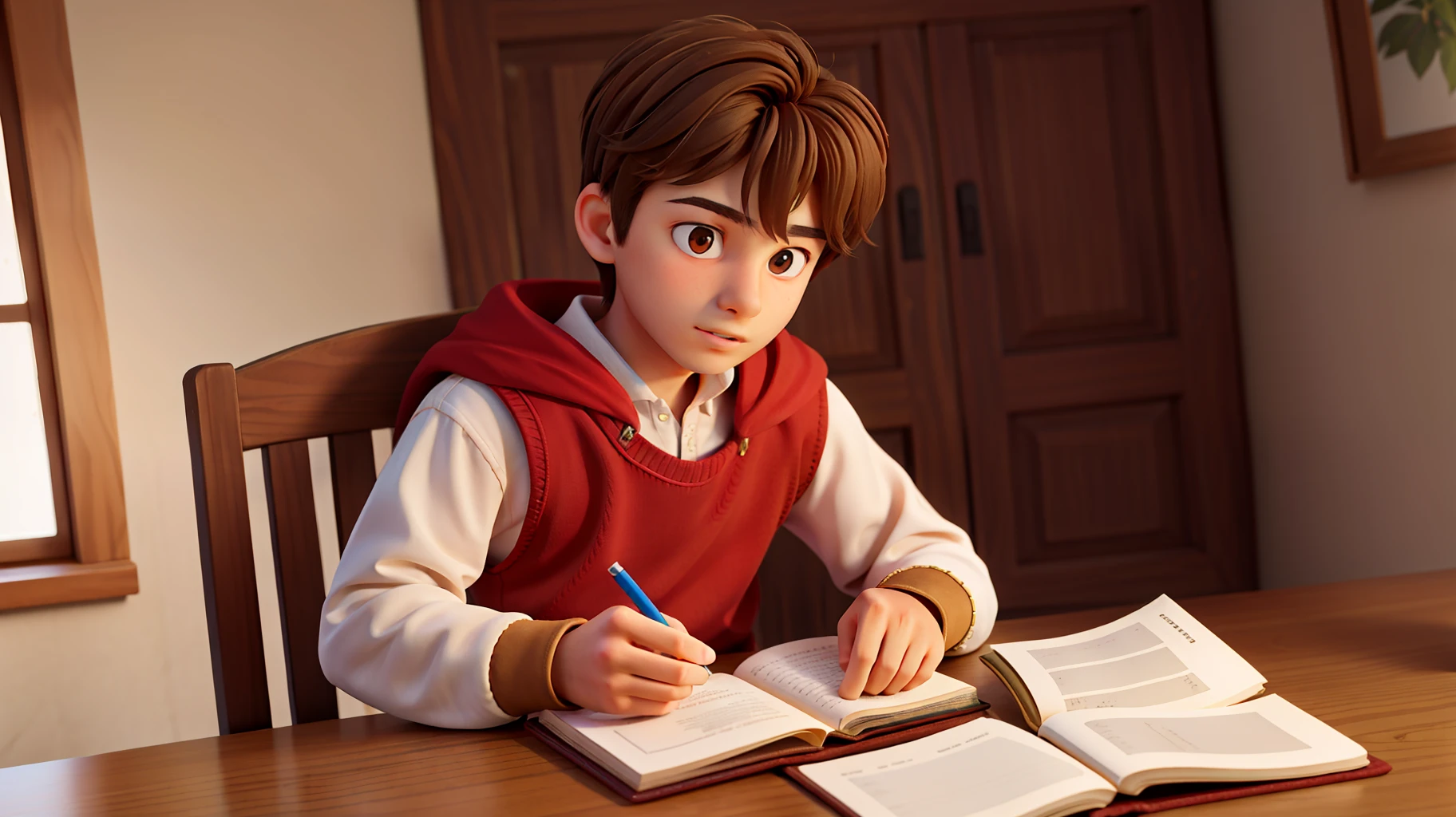 boy writing and reading, he has brown eyes and brown hair, wears medieval clothes, better quality, 4k, better lighting.