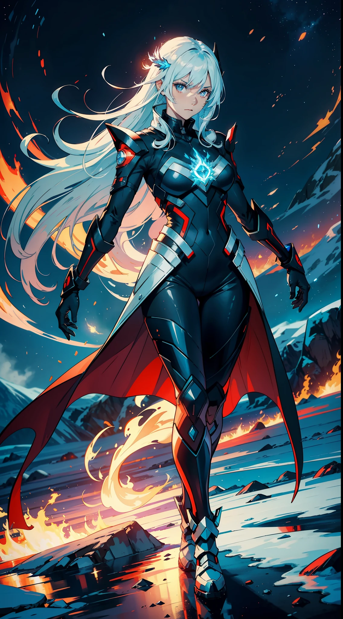 A stunning digital image of a female character with combined powers of fire and ice. She's in a pose of power, as if she's walking towards me. Around her, spirals of flames and snow mingle, creating an aura of power that surrounds her body. The character has long, silky hair in a shiny silver hue, which stands out against flames and ice. Her heroine costume consists of a black and red jumpsuit with blue and white accents that resemble flames and ice. She has a black helmet that covers most of her face, but still allows her to see her intense eyes. In her hands, she holds two balls of fire and ice, ready to be launched at any enemy. The background of the image is a desolate and frozen landscape, with mountains and an aurora borealis coloring the night sky. The image is super detailed and in high resolution, with an incredible quality that shows every detail of the character's powers. This image is perfect for anyone who loves the combination of fire and ice, and wants a stunning digital artwork as wallpaper on their phone.