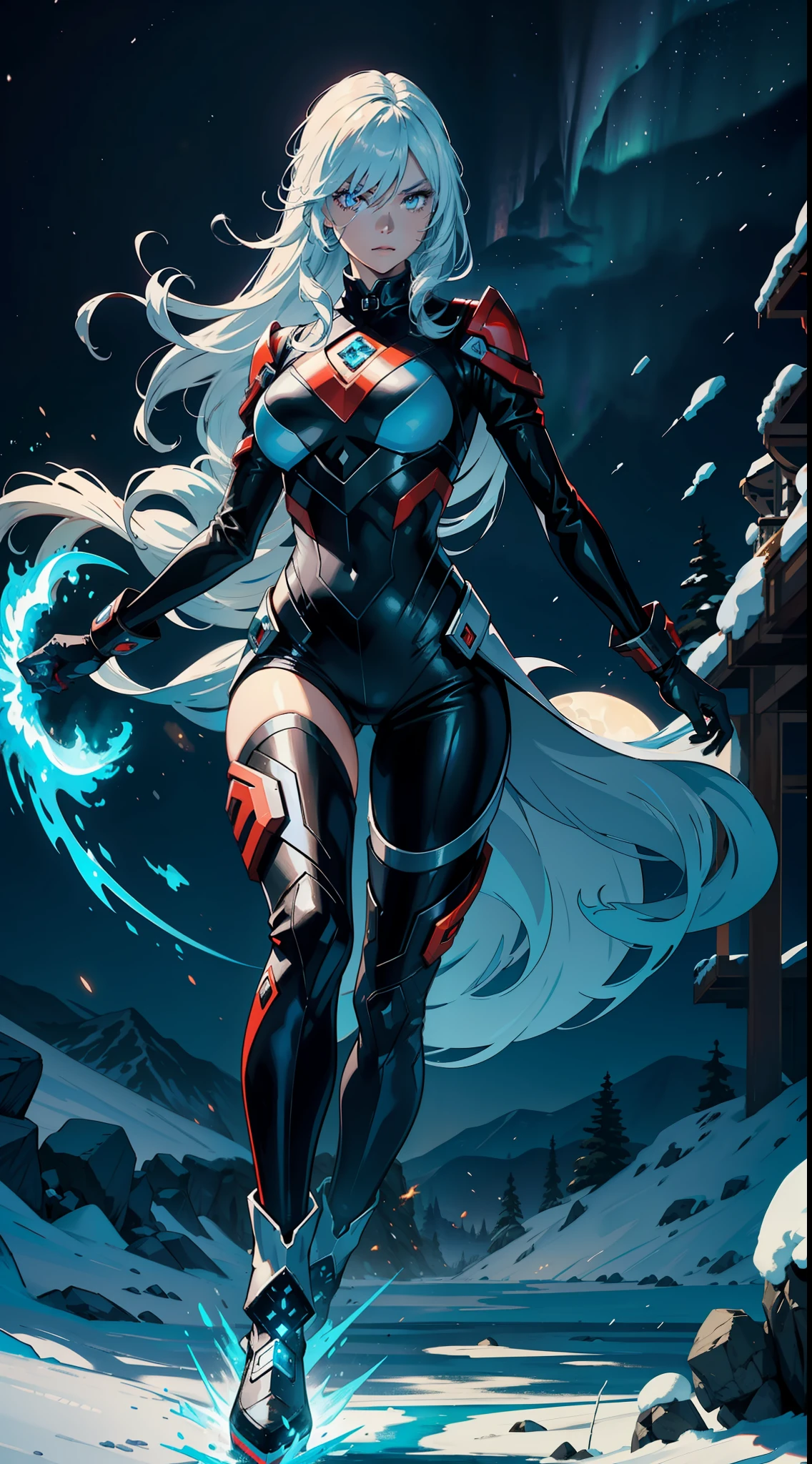 A stunning digital image of a female character with combined powers of fire and ice. She's in a pose of power, as if she's walking towards me. Around her, spirals of flames and snow mingle, creating an aura of power that surrounds her body. The character has long, silky hair in a shiny silver hue, which stands out against flames and ice. Her heroine costume consists of a black and red jumpsuit with blue and white accents that resemble flames and ice. She has a black helmet that covers most of her face, but still allows her to see her intense eyes. In her hands, she holds two balls of fire and ice, ready to be launched at any enemy. The background of the image is a desolate and frozen landscape, with mountains and an aurora borealis coloring the night sky. The image is super detailed and in high resolution, with an incredible quality that shows every detail of the character's powers. This image is perfect for anyone who loves the combination of fire and ice, and wants a stunning digital artwork as wallpaper on their phone.