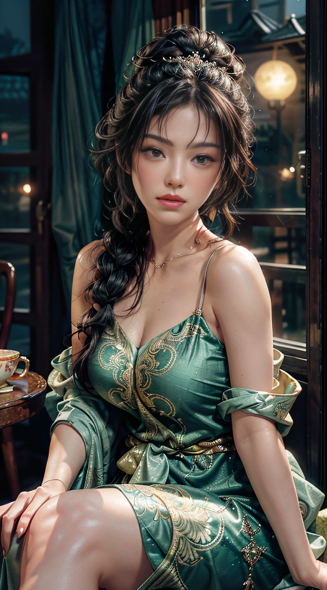 The art depicts a charming woman dressed in a flowing, silky traditional oriental dress, emeralds, decorated with intricate patterns and bright colors. Her dress drapes elegantly over her curvy figure, accentuating her seductive silhouette. She sits gracefully under the quiet moon, bathed in the soft glow of the moonlight. The scene exudes an ethereal and dreamy atmosphere, with a touch of mystery and sexiness. The graphic style blends watercolor and digital illustration techniques to evoke a refined beauty and charm. The lights are filled with soft moonlight, casting soft highlights and shadows on her charming features. Bare legs, big breasts, three-dimensional facial features, sitting in a chair against the wall, 2 hands, 2 legs, side braids
