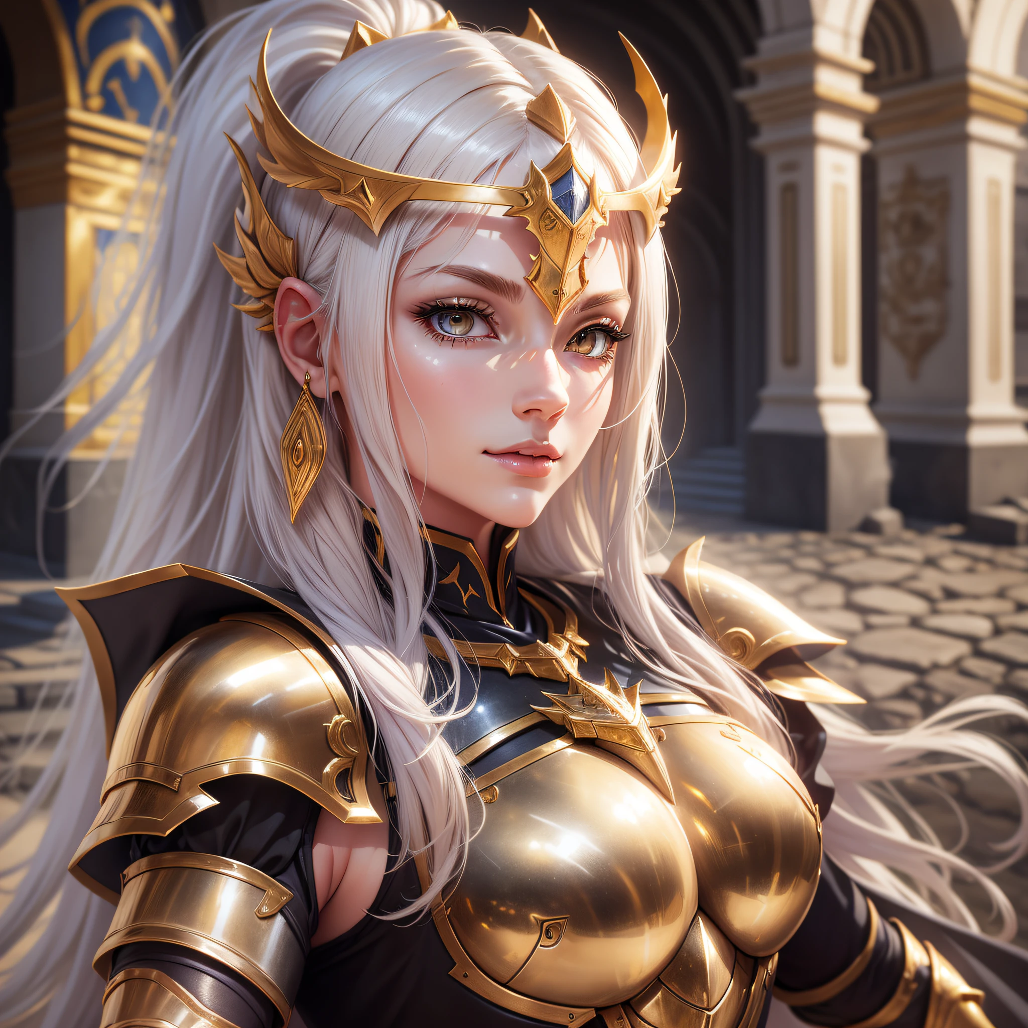 a full-length portrait of a light [seducer|goddess], highly detailed armor with gold plating, shiny, photorealistic armor, PLD_armor, a female knight in armor, wearing PLD_armor, perfect face, beautiful face, coral eyes, platinum blonde hair, long hair, medium breasts, lush details, absurd, . UHD, high details, super detail, best quality, 8k